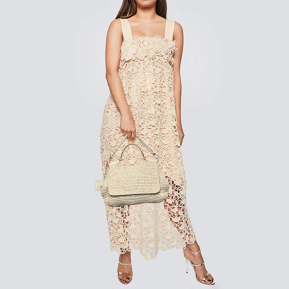 Pre Owned Dolce & Gabbana White Woven Straw and Leather Miss Sicily Top Handle Bag