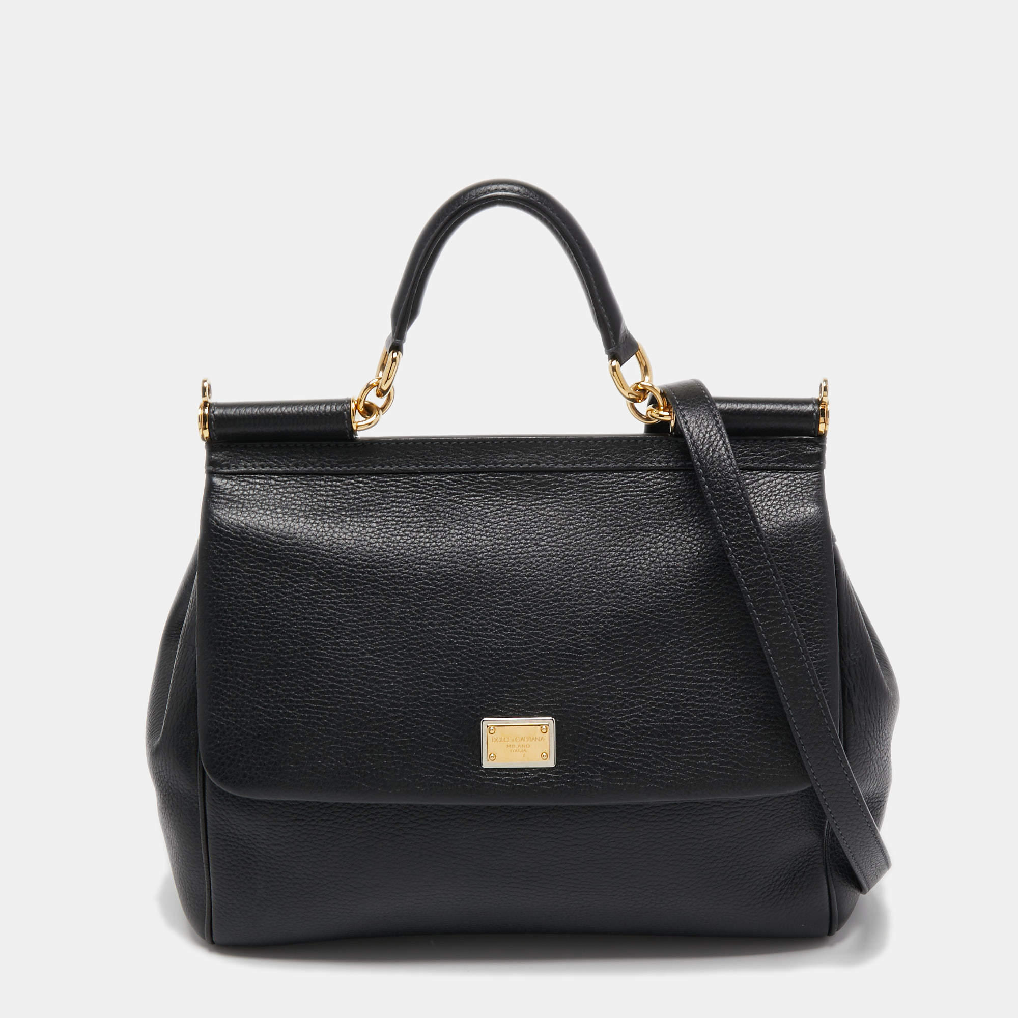 Pre Owned Dolce & Gabbana Black Leather Large Miss Sicily Top Handle Bag