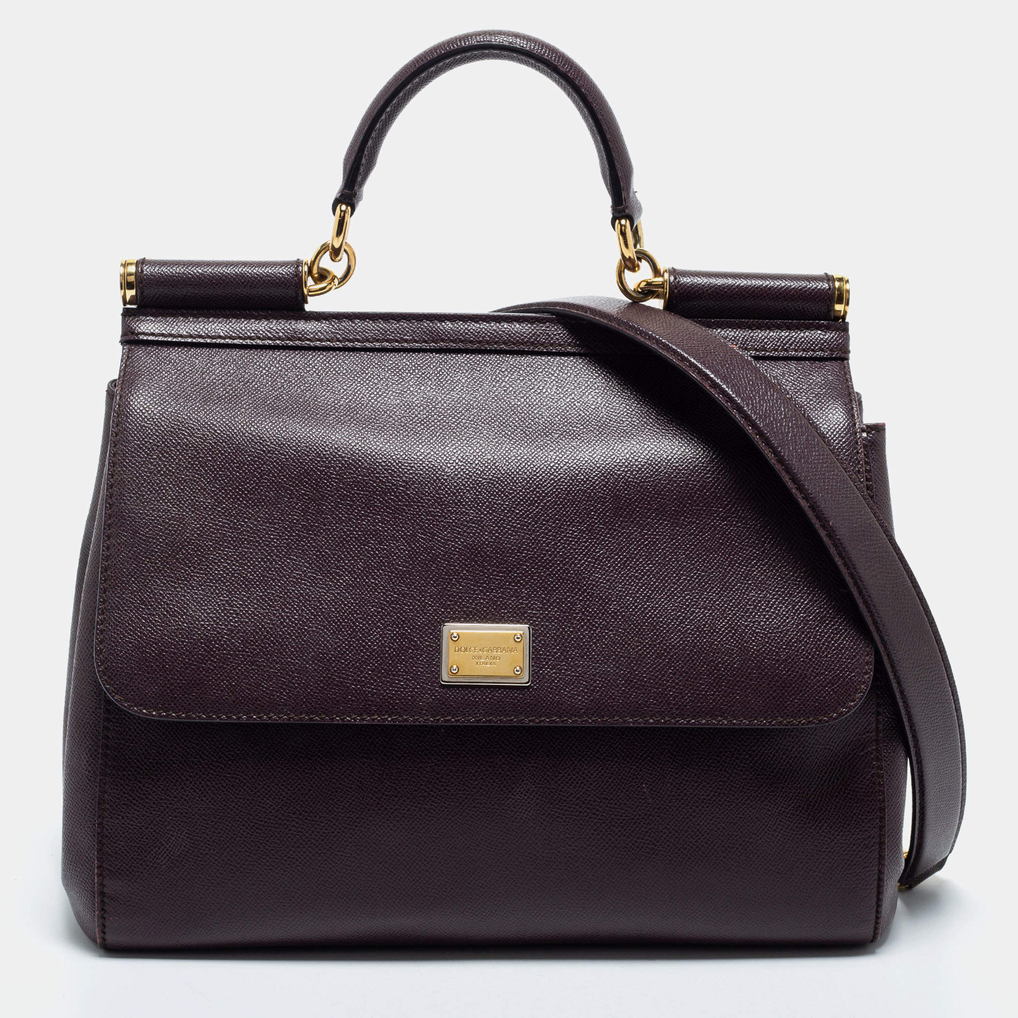 Pre Owned Dolce & Gabbana Burgundy Leather Large Miss Sicily Top Handle Bag