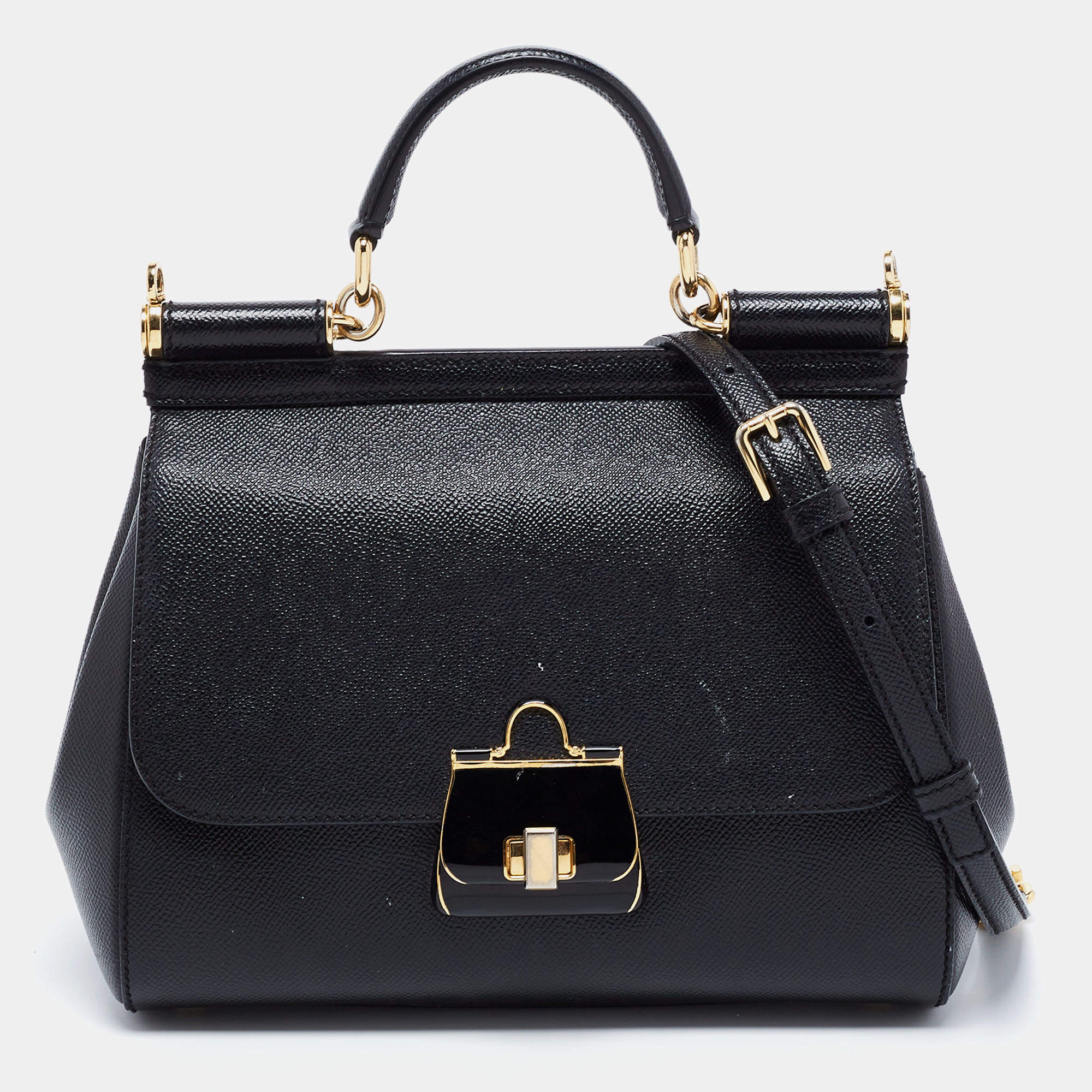 Pre Owned Dolce & Gabbana Black Dauphine Leather Medium Miss Sicily Top Handle Bag