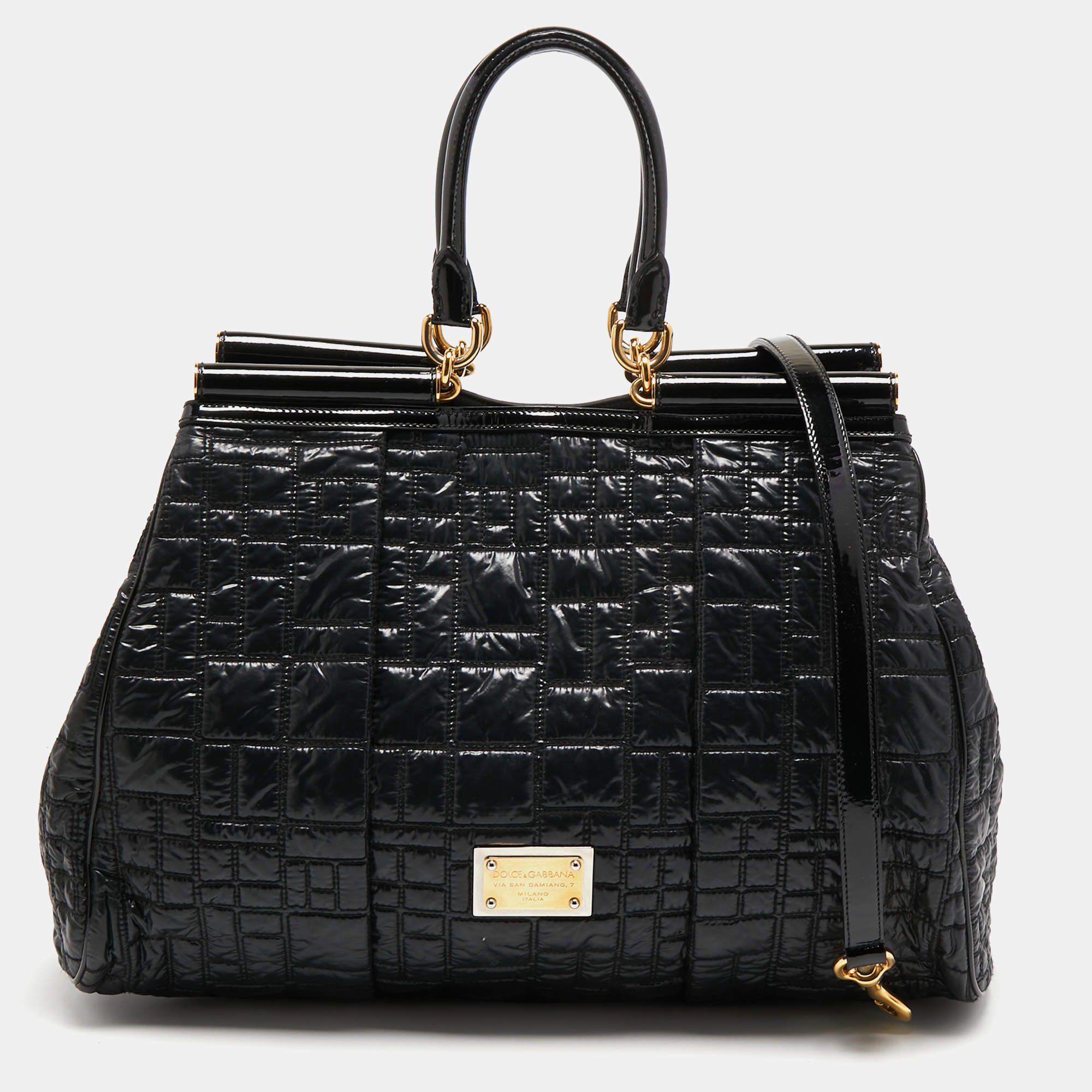 Pre Owned Dolce & Gabbana Black Nylon and Patent Leather Miss Lexington Large Tote