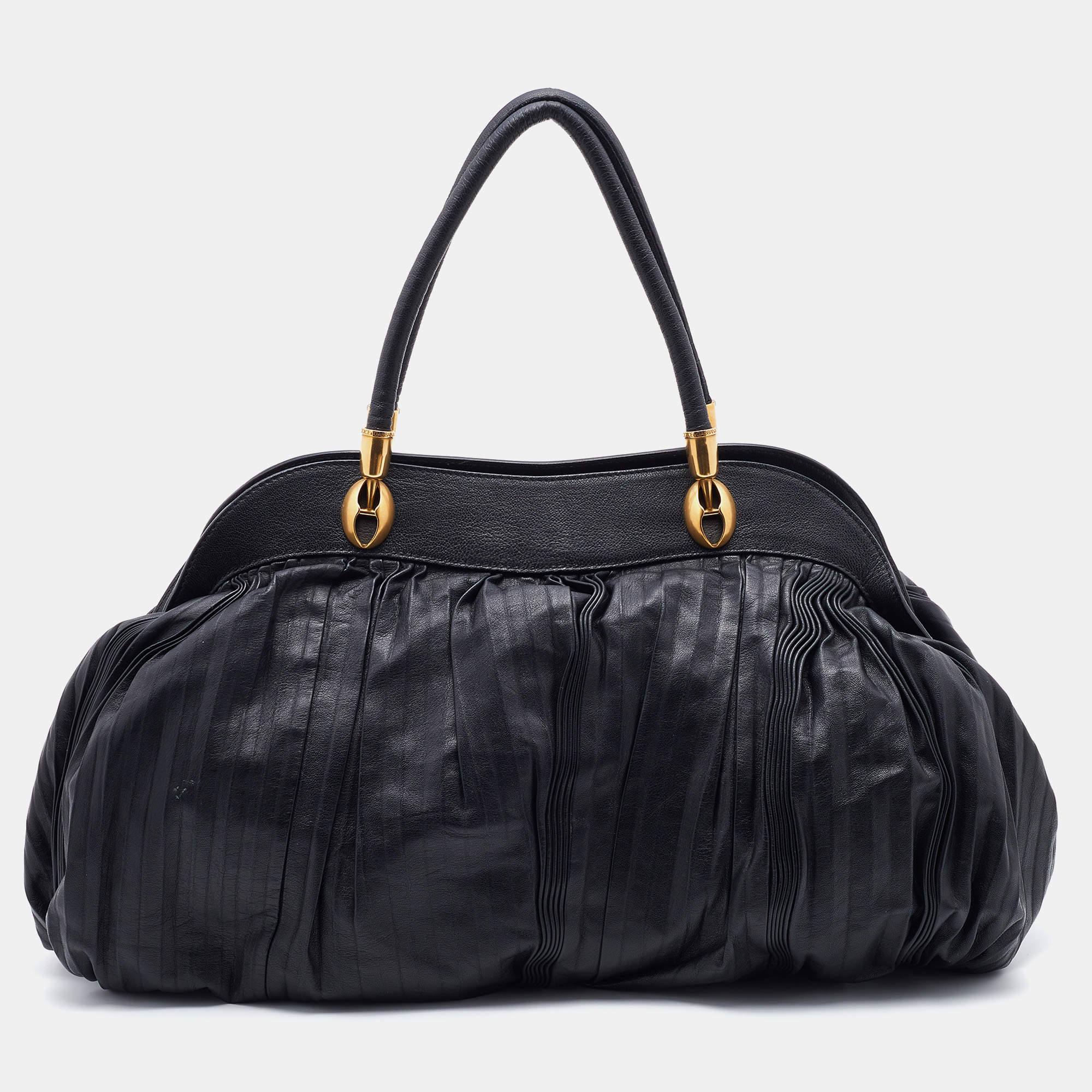 Pre Owned Dolce & Gabbana Black Pleated Leather Satchel