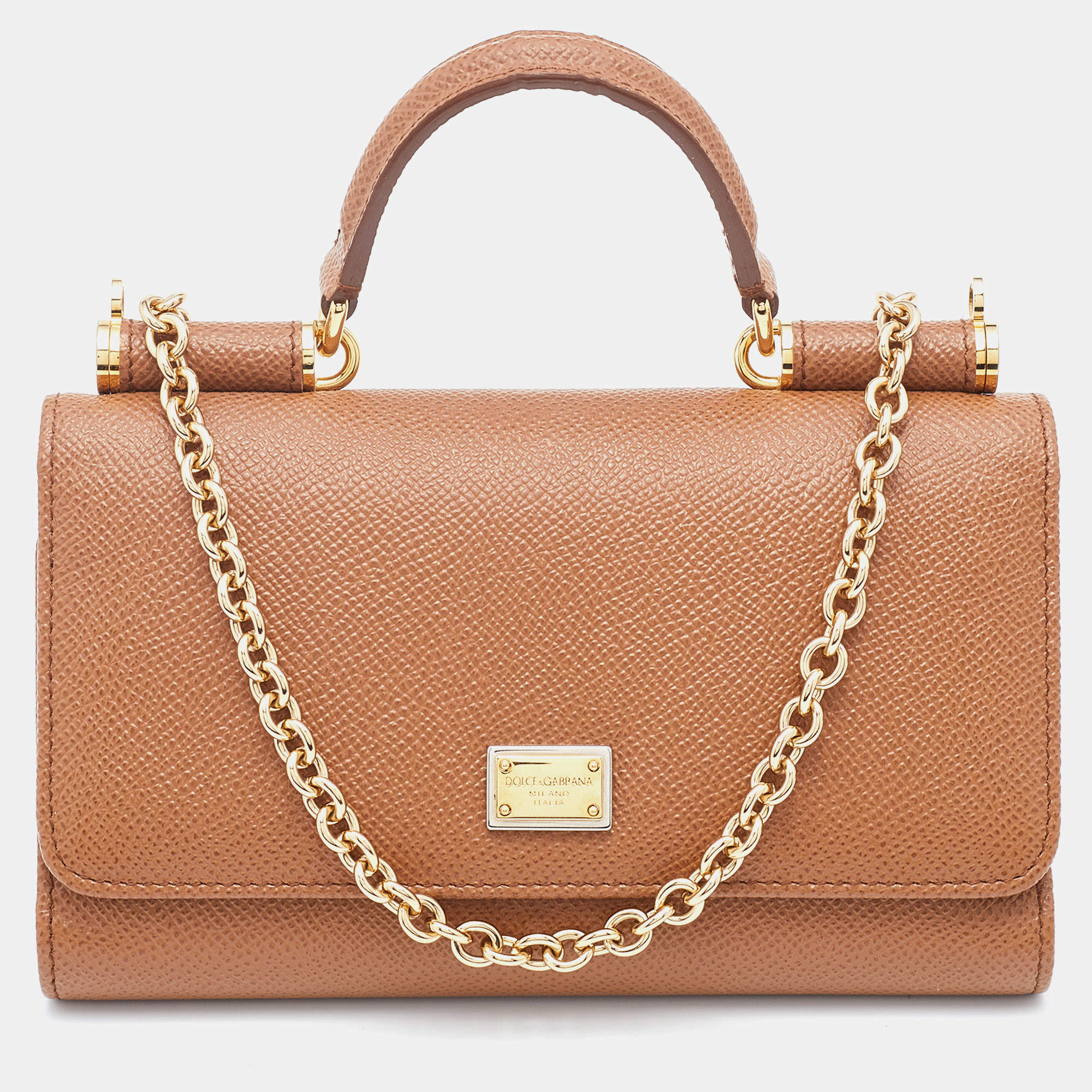 Pre Owned Dolce & Gabbana Brown Leather Miss Sicily Von Wallet on Chain