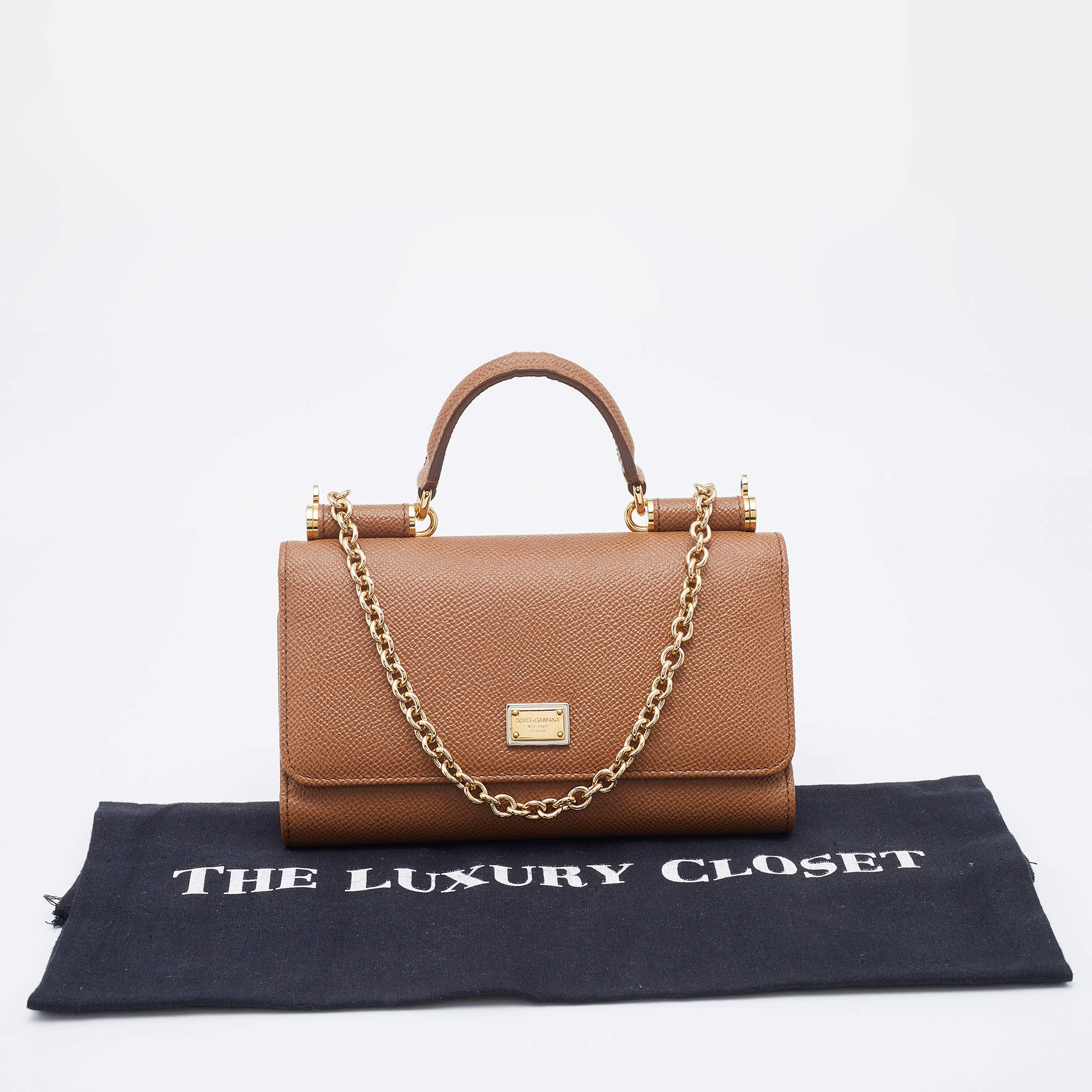 Pre Owned Dolce & Gabbana Brown Leather Miss Sicily Von Wallet on Chain