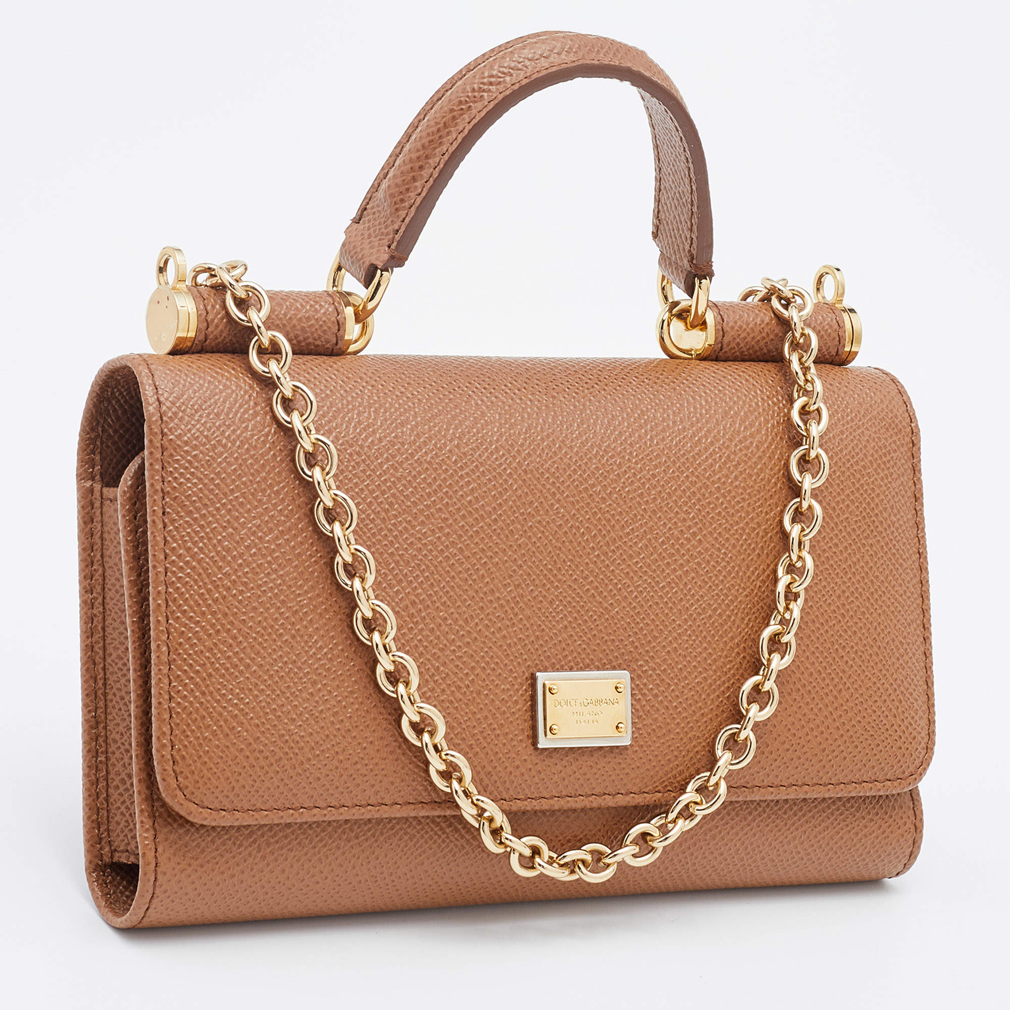 Pre Owned Dolce & Gabbana Brown Leather Miss Sicily Von Wallet on Chain