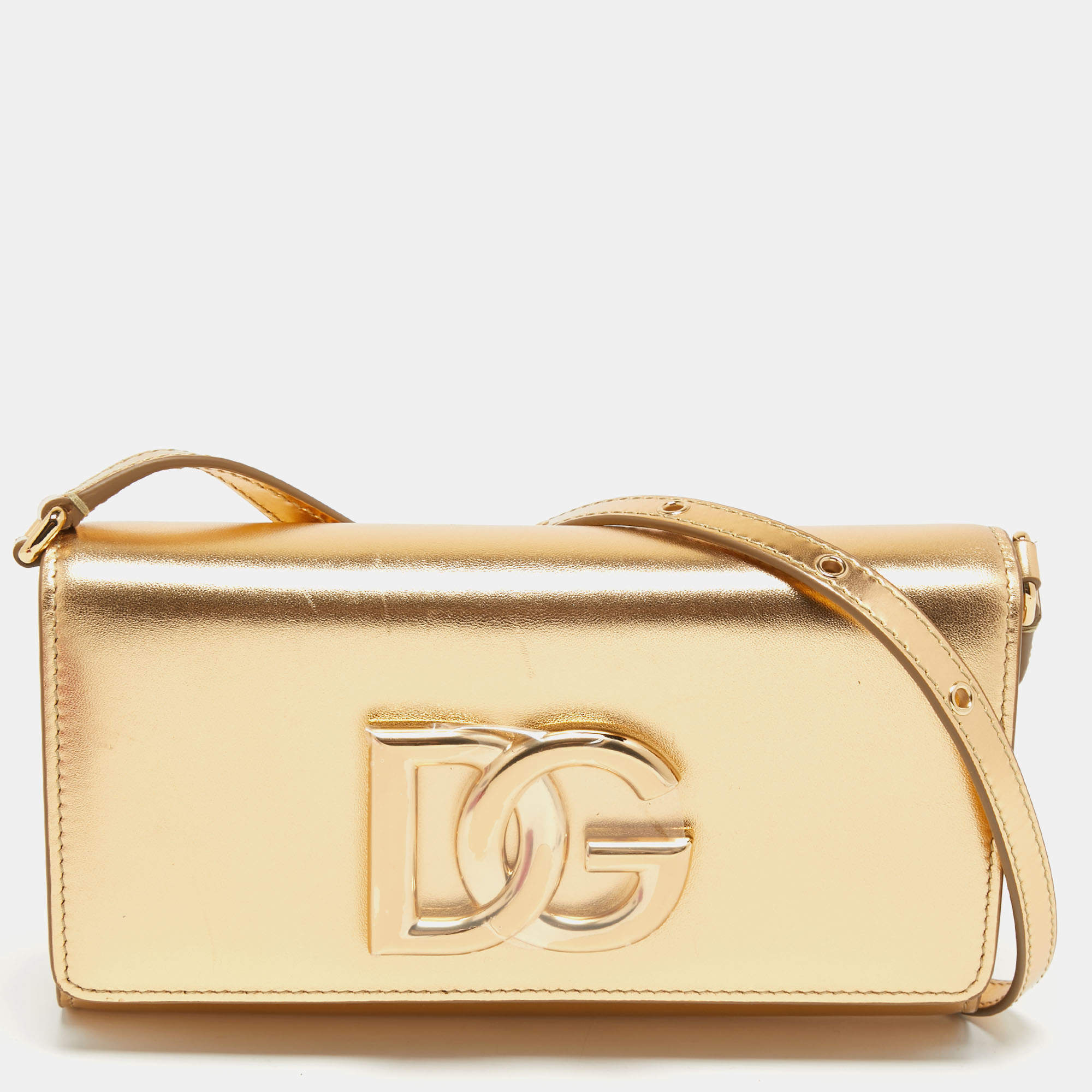 Pre Owned Dolce & Gabbana Gold Leather DG Logo Crossbody Bag