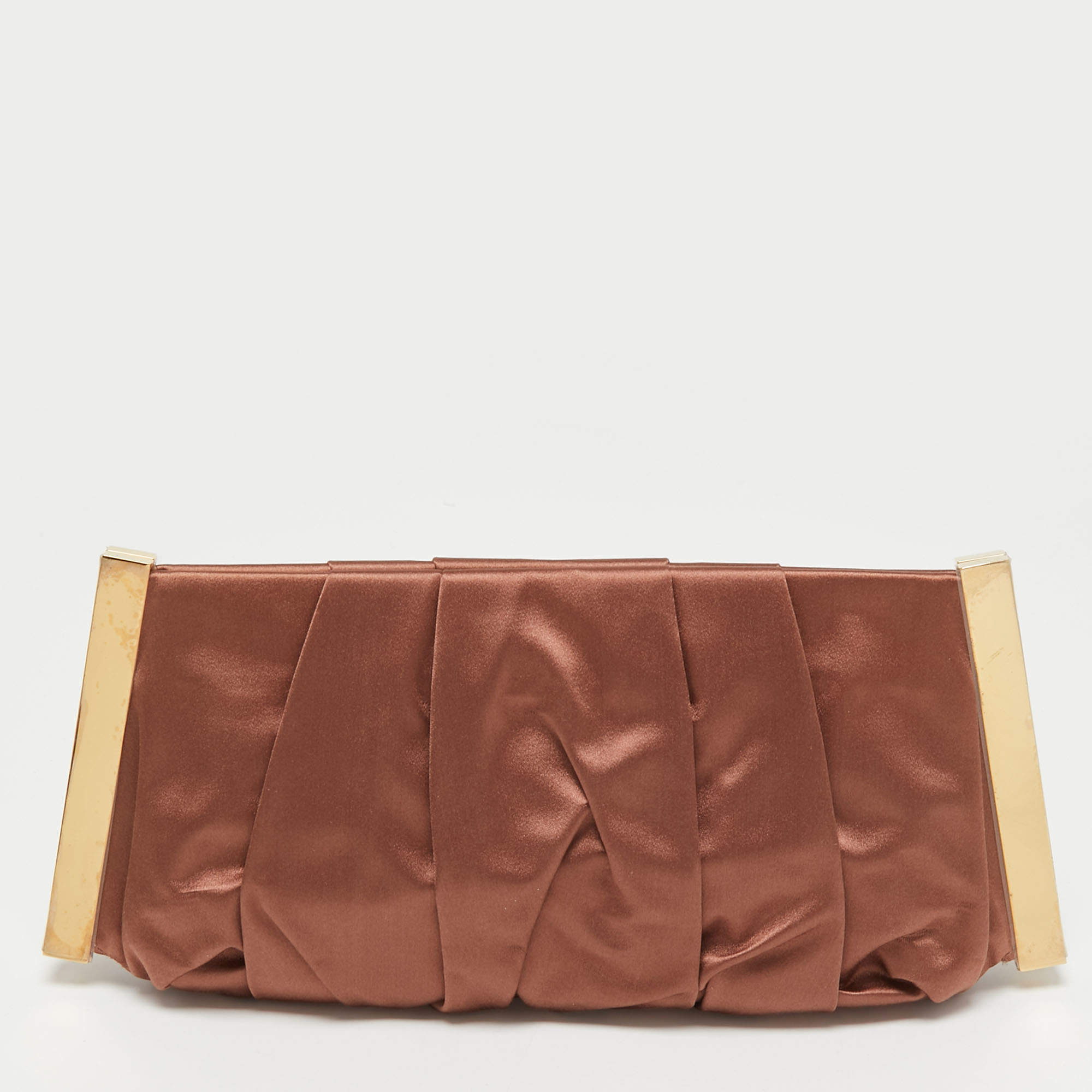 Pre Owned Dolce & Gabbana Brown Pleated Satin Miss Lady Frame Clutch