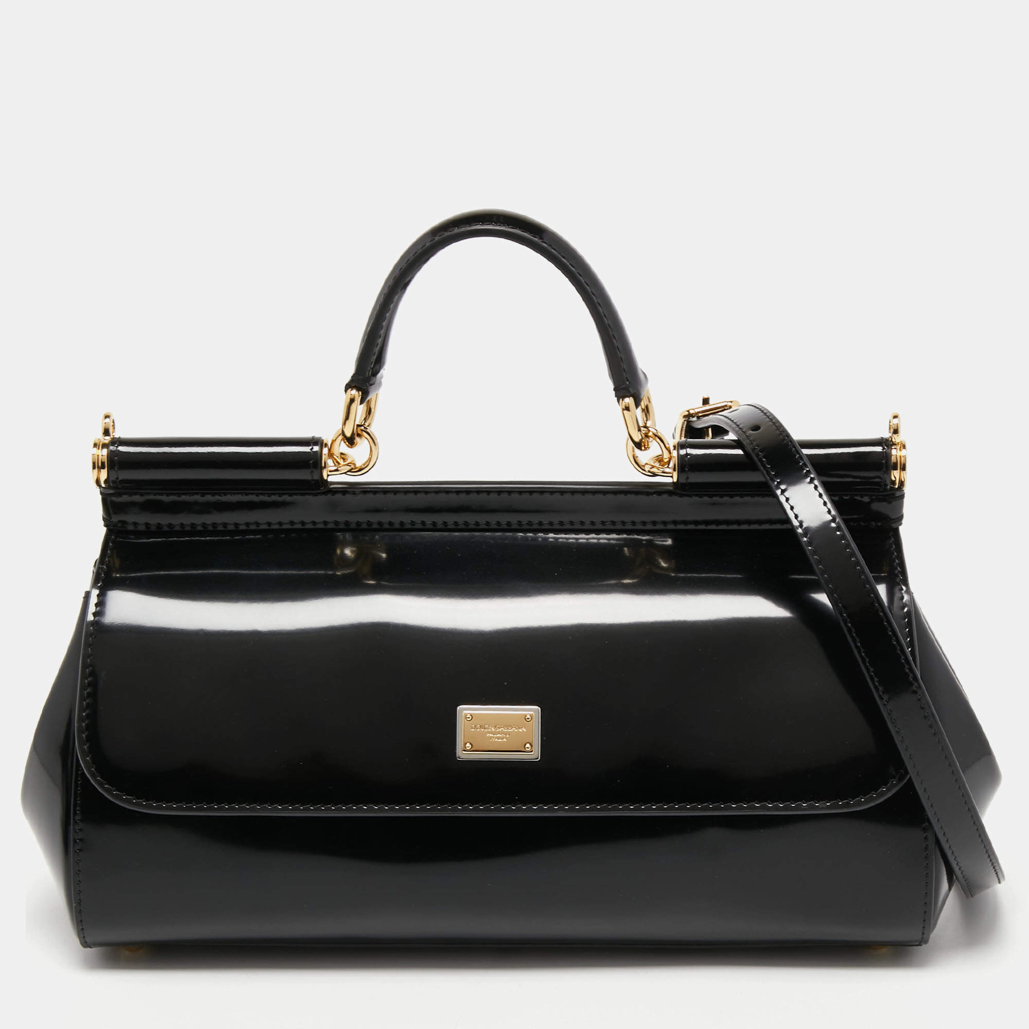 Pre Owned Dolce & Gabbana Black Patent Leather Long Medium Miss Sicily Top Handle Bag