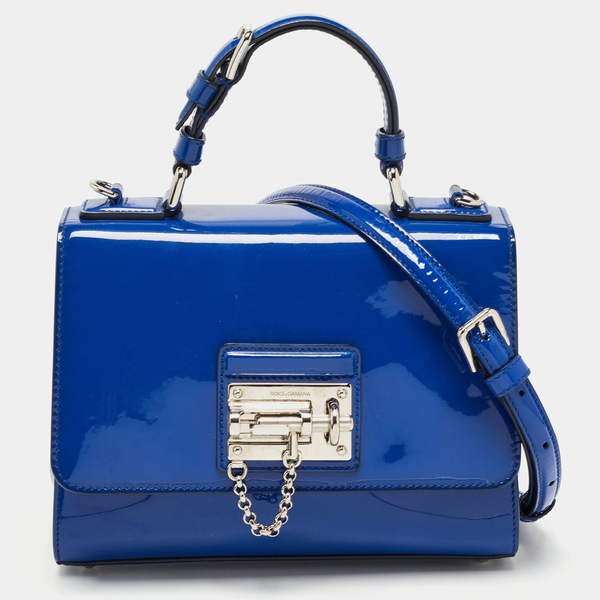 Pre Owned Dolce & Gabbana Blue Patent Leather Medium Miss Monica Top Handle Bag