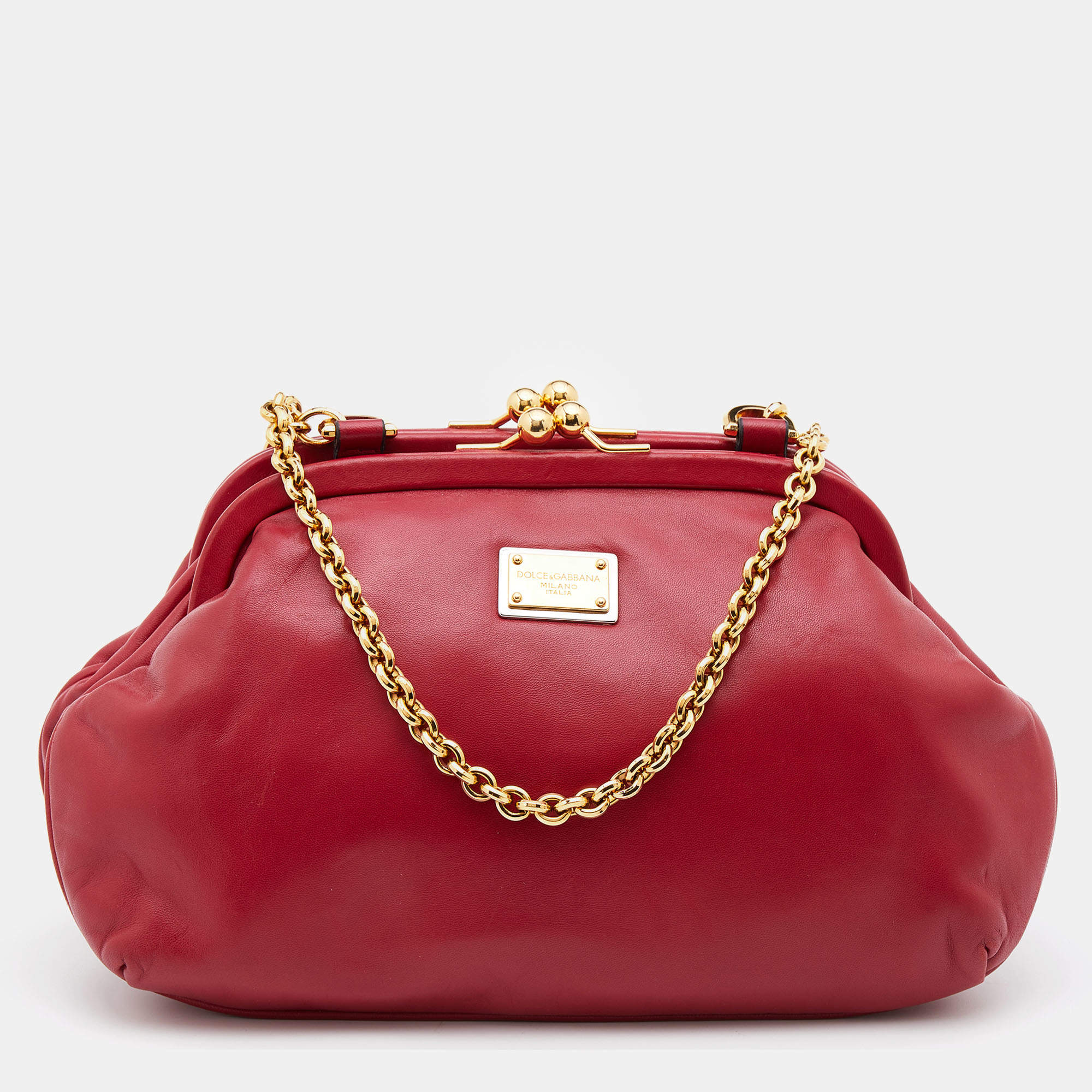 Pre Owned Dolce & Gabbana Red Leather Kiss Lock Chain Clutch