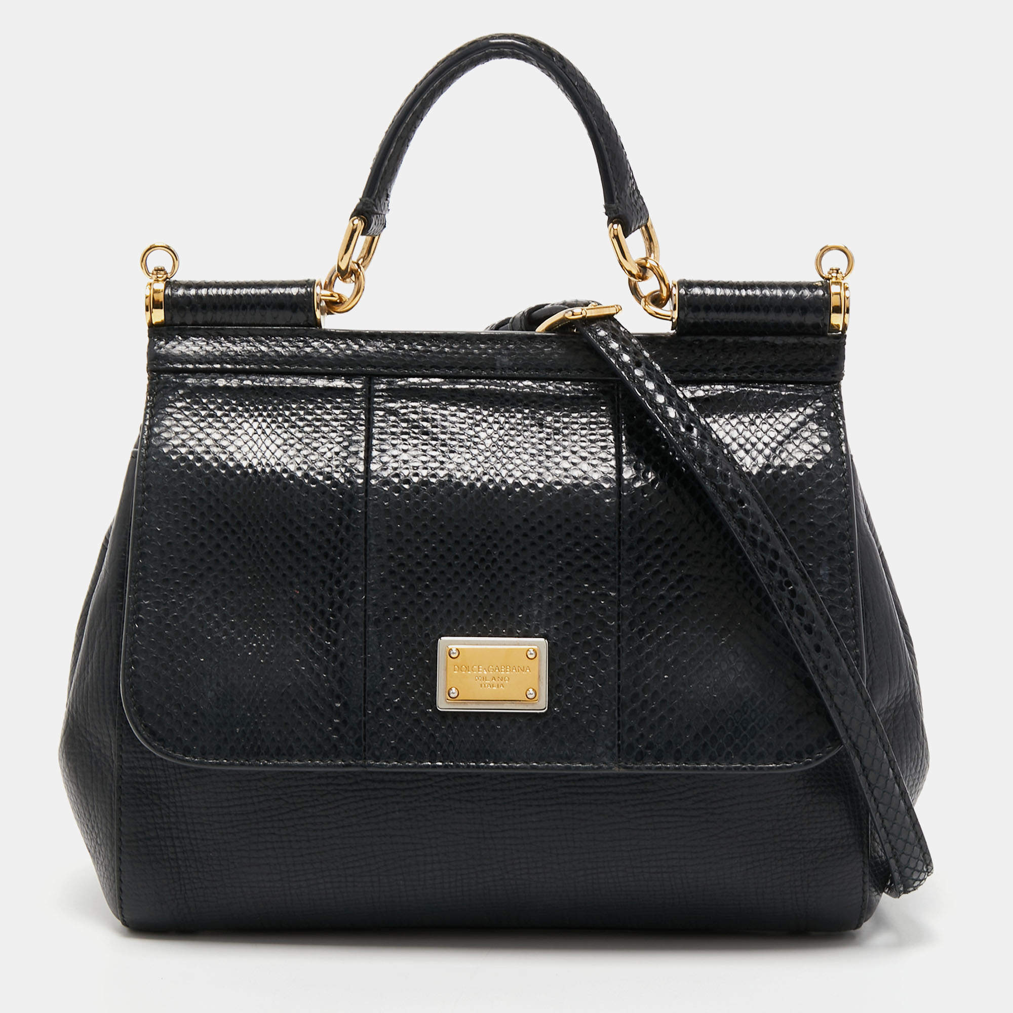 Pre Owned Dolce & Gabbana Black Leather and Watersnake Medium Miss Sicily Top Handle Bag
