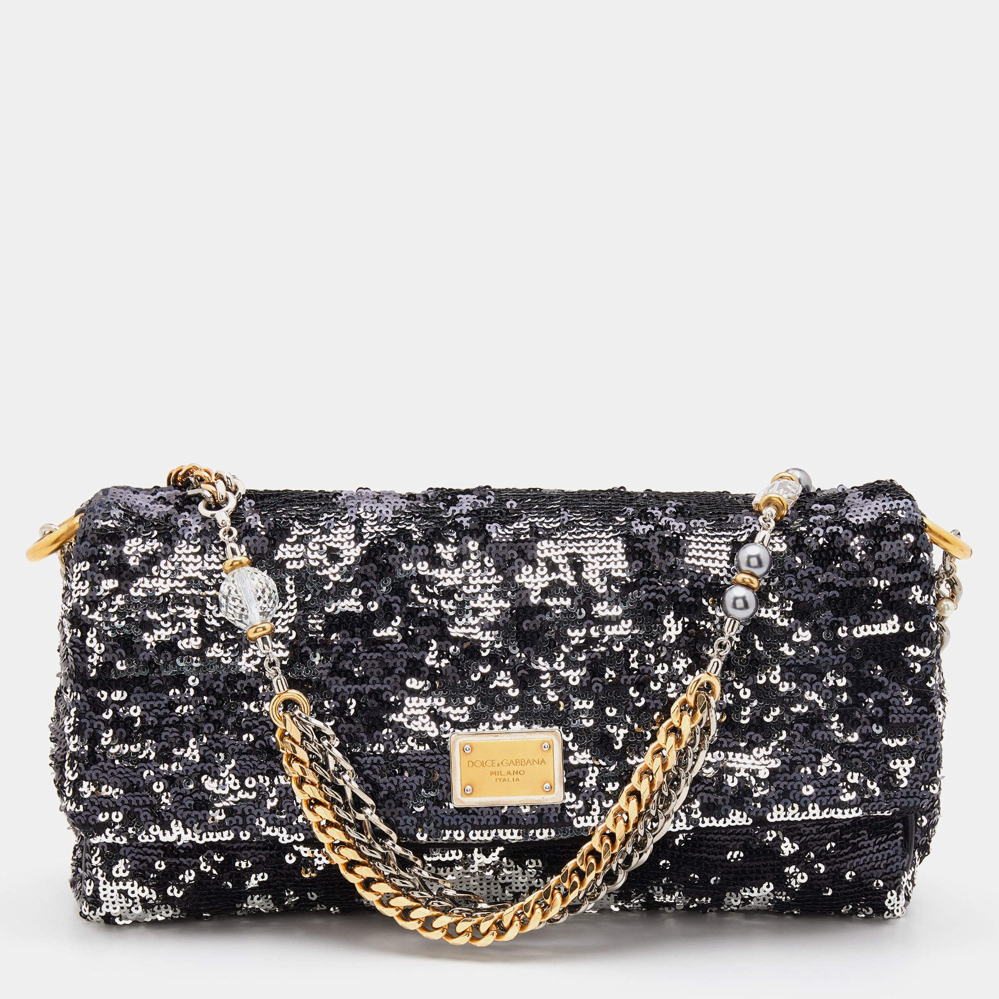 Pre Owned Dolce & Gabbana Black/Silver Sequins Miss Charles Flap Shoulder Bag