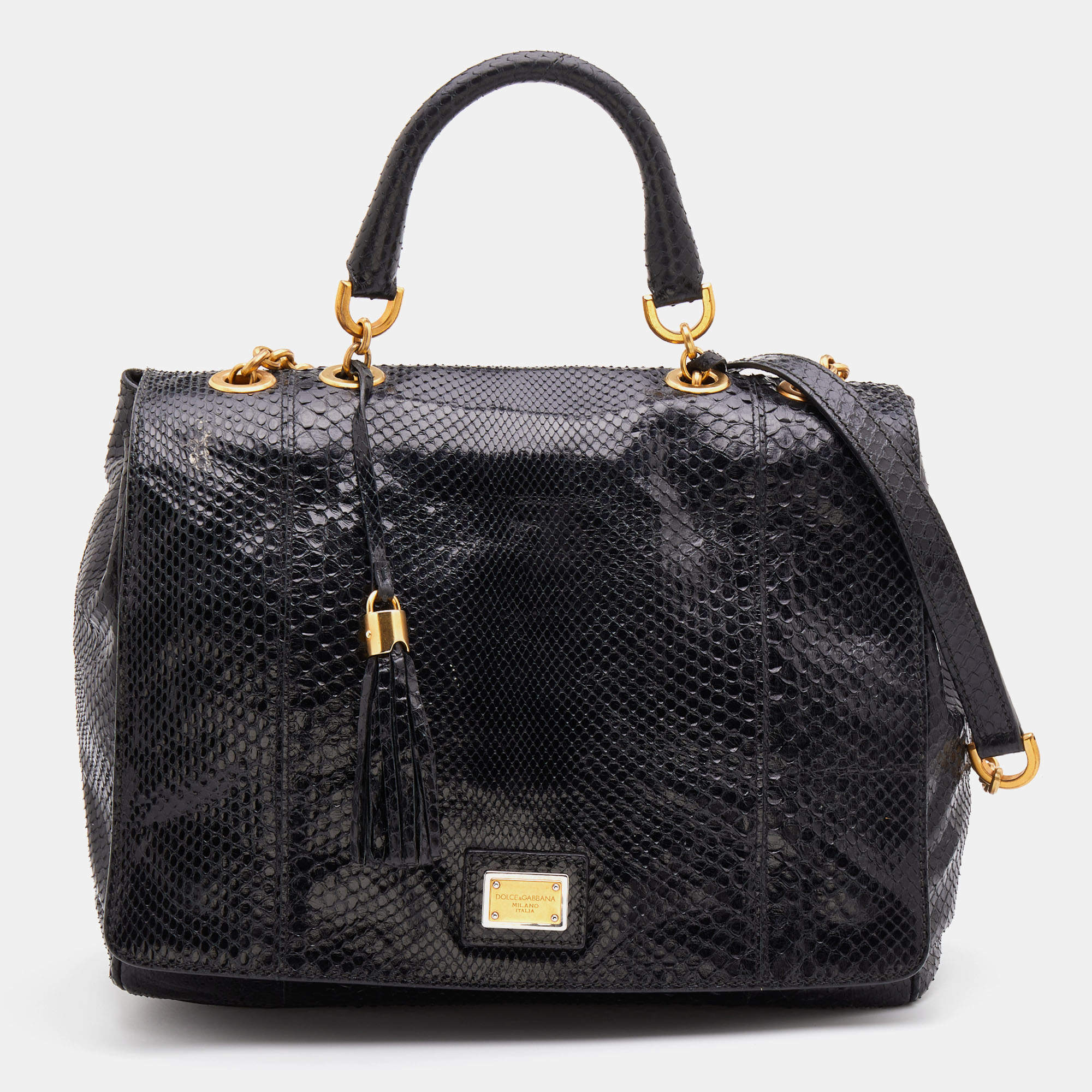 مملوكة مسبقًا Dolce & Gabbana Black Python Leather Tassel Top Handle Bag