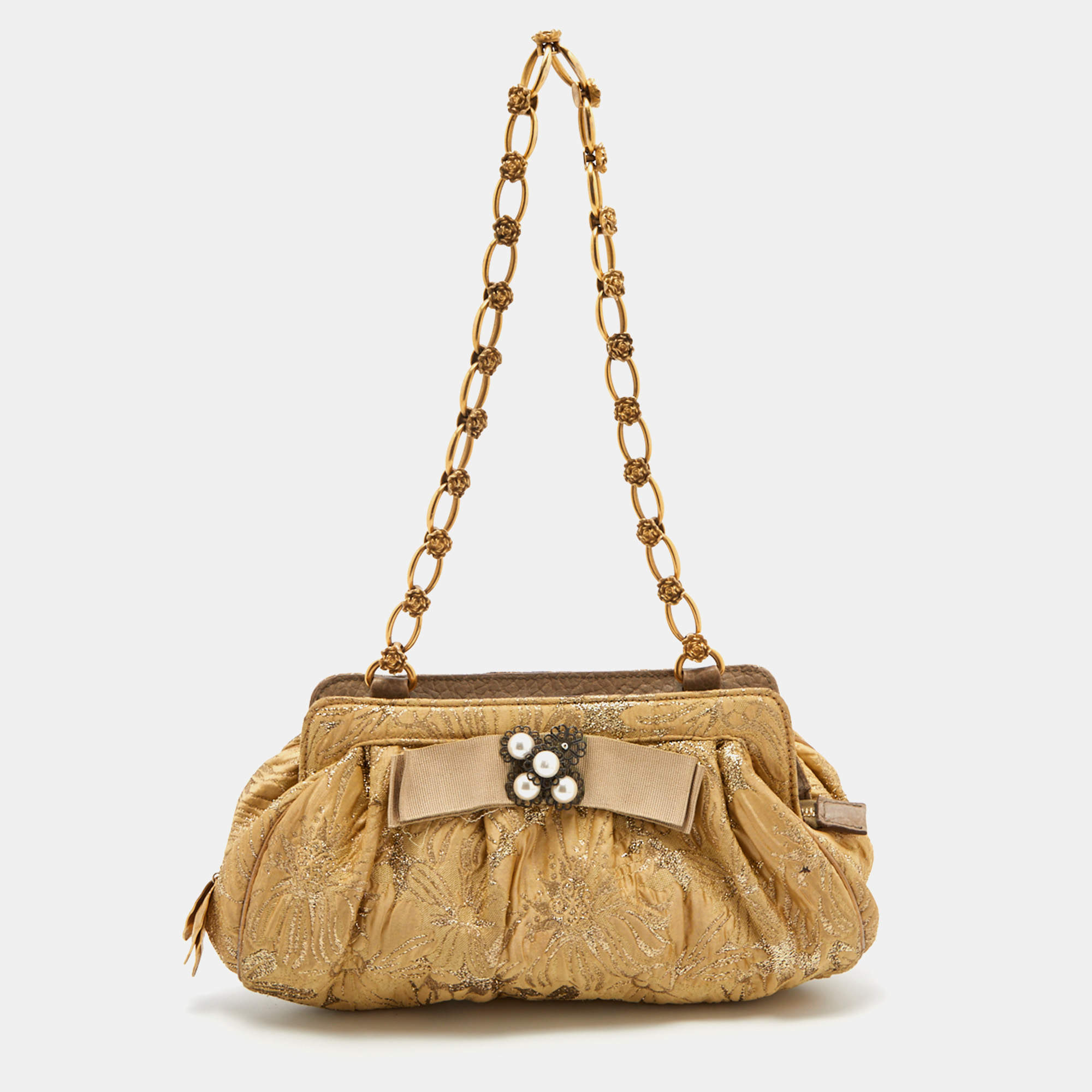 Pre Owned Dolce & Gabbana Metallic Beige Floral Jacquard Shoulder Bag