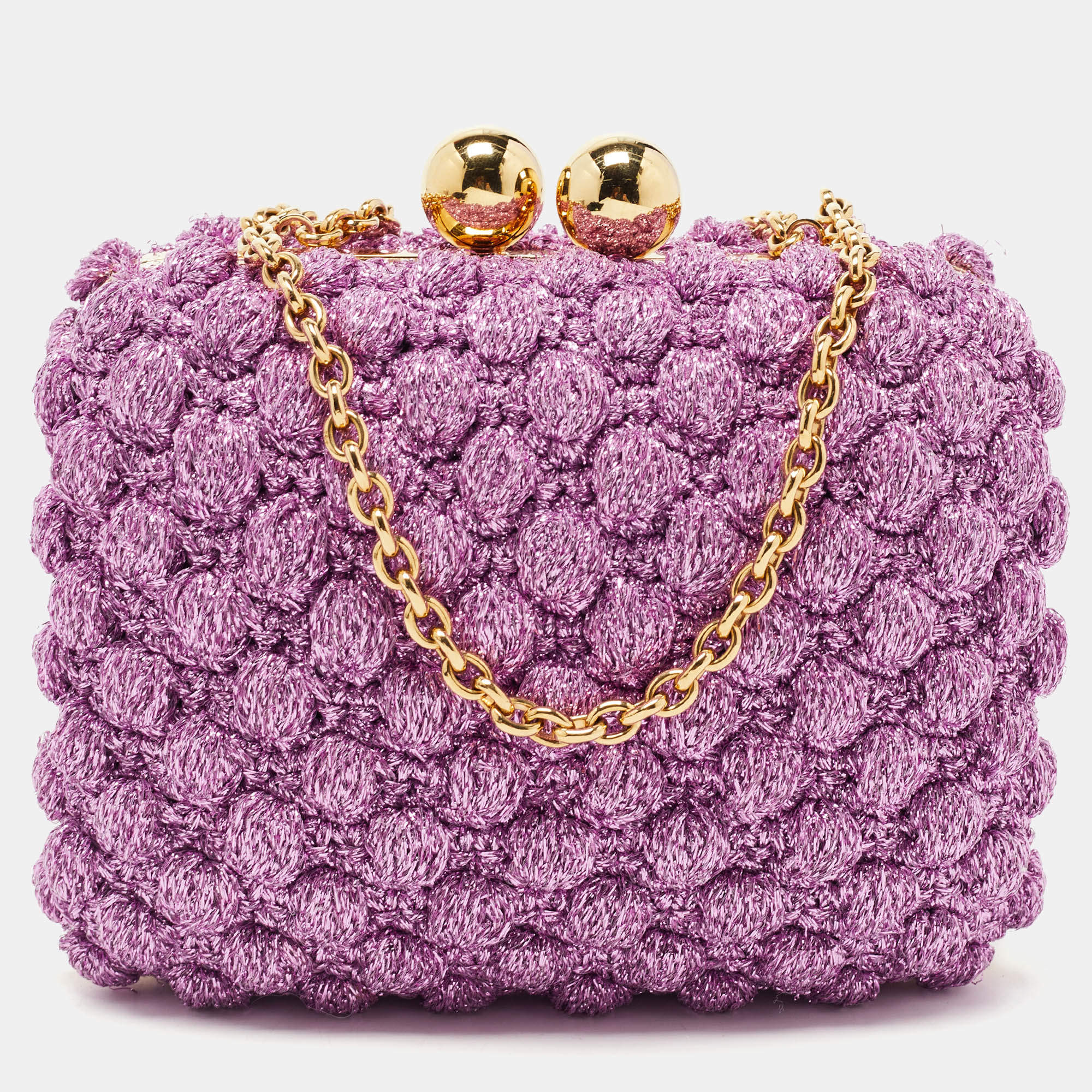 Pre Owned Dolce & Gabbana Lavender Lurex Fabric Kiss Lock Frame Chain Clutch