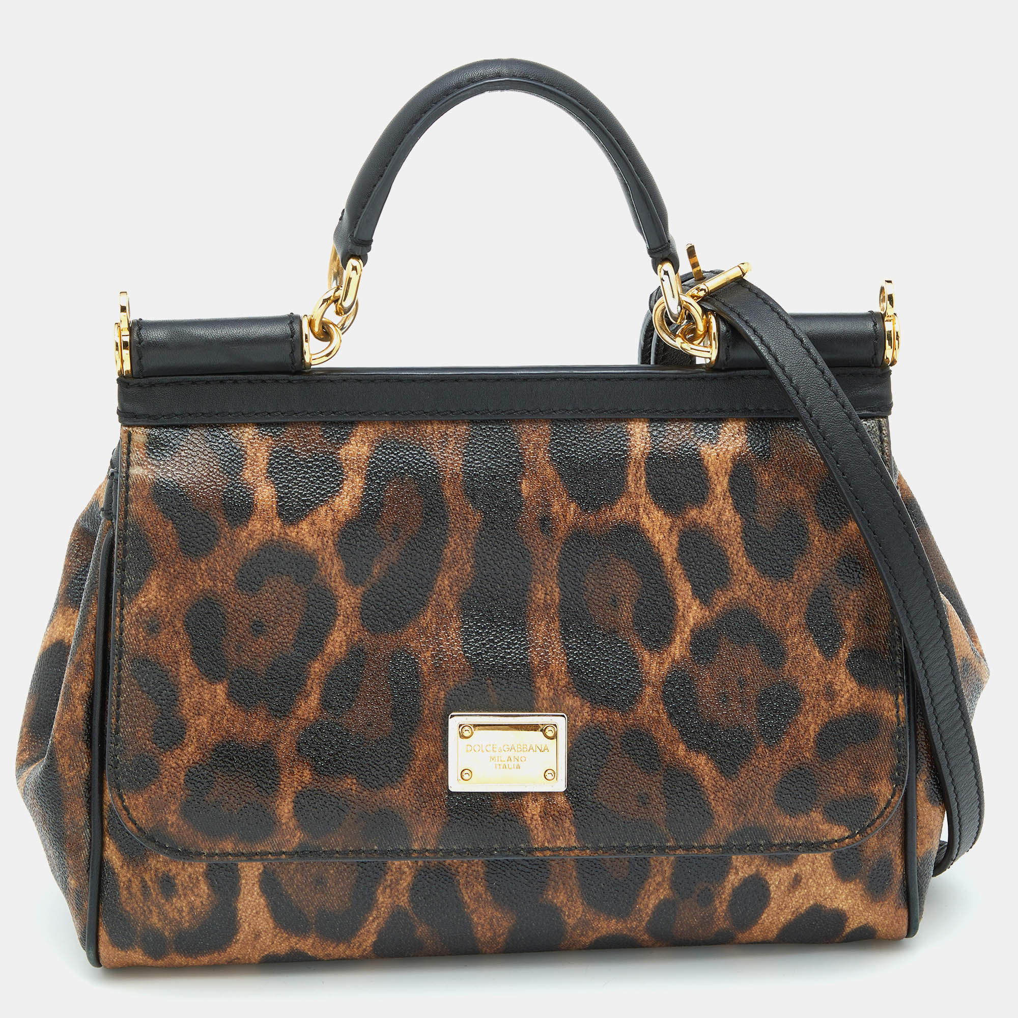 Pre Owned Dolce & Gabbana Brown/Black Leopard Print Coated Canvas and Leather Medium Miss Sicily Top Handle Bag