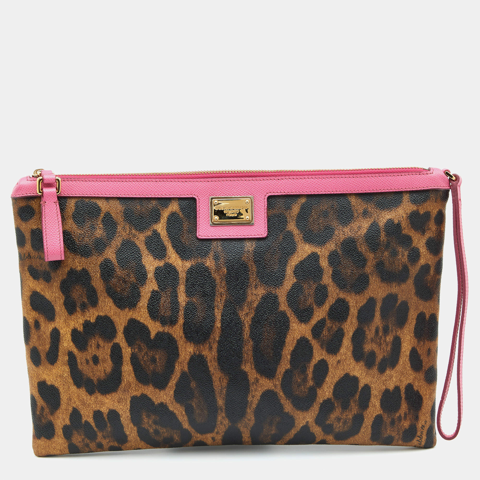 Pre Owned Dolce & Gabbana Brown/Pink Leopard Print Coated Canvas and Leather Wristlet Clutch