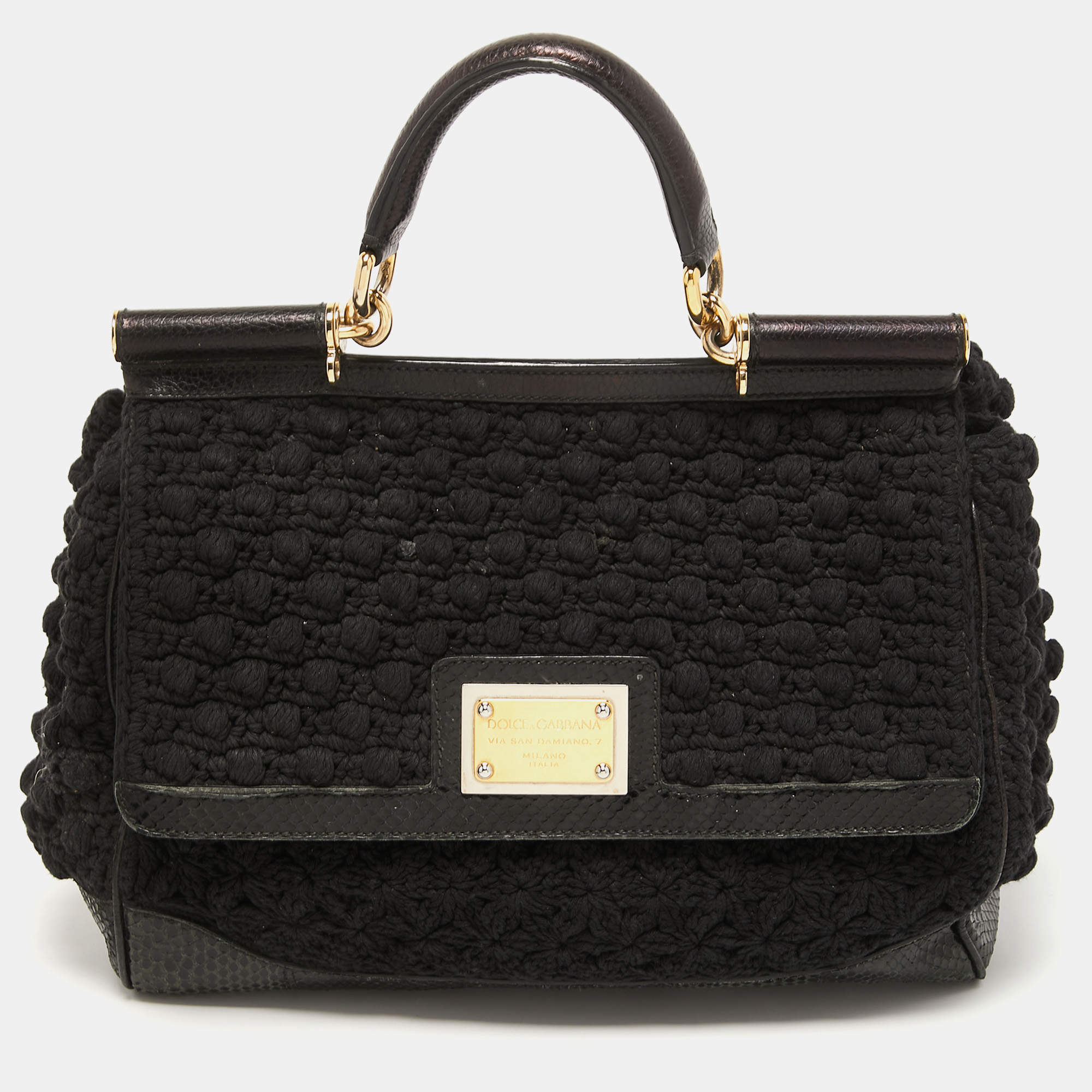 Pre Owned Dolce & Gabbana Black Crochet and Python Large Miss Sicily Top Handle Bag