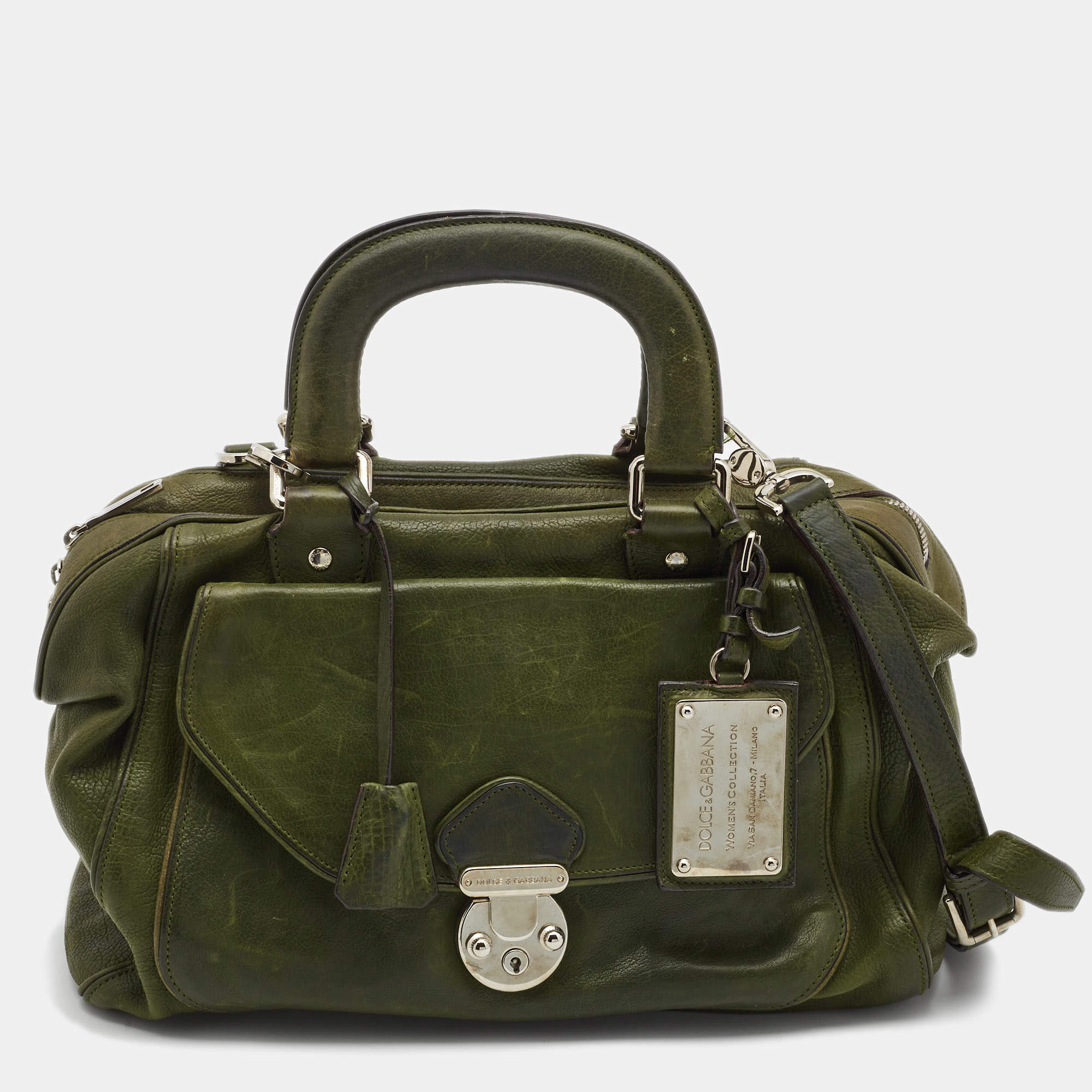 Pre Owned Dolce & Gabbana Olive Green Leather Miss Catch Satchel