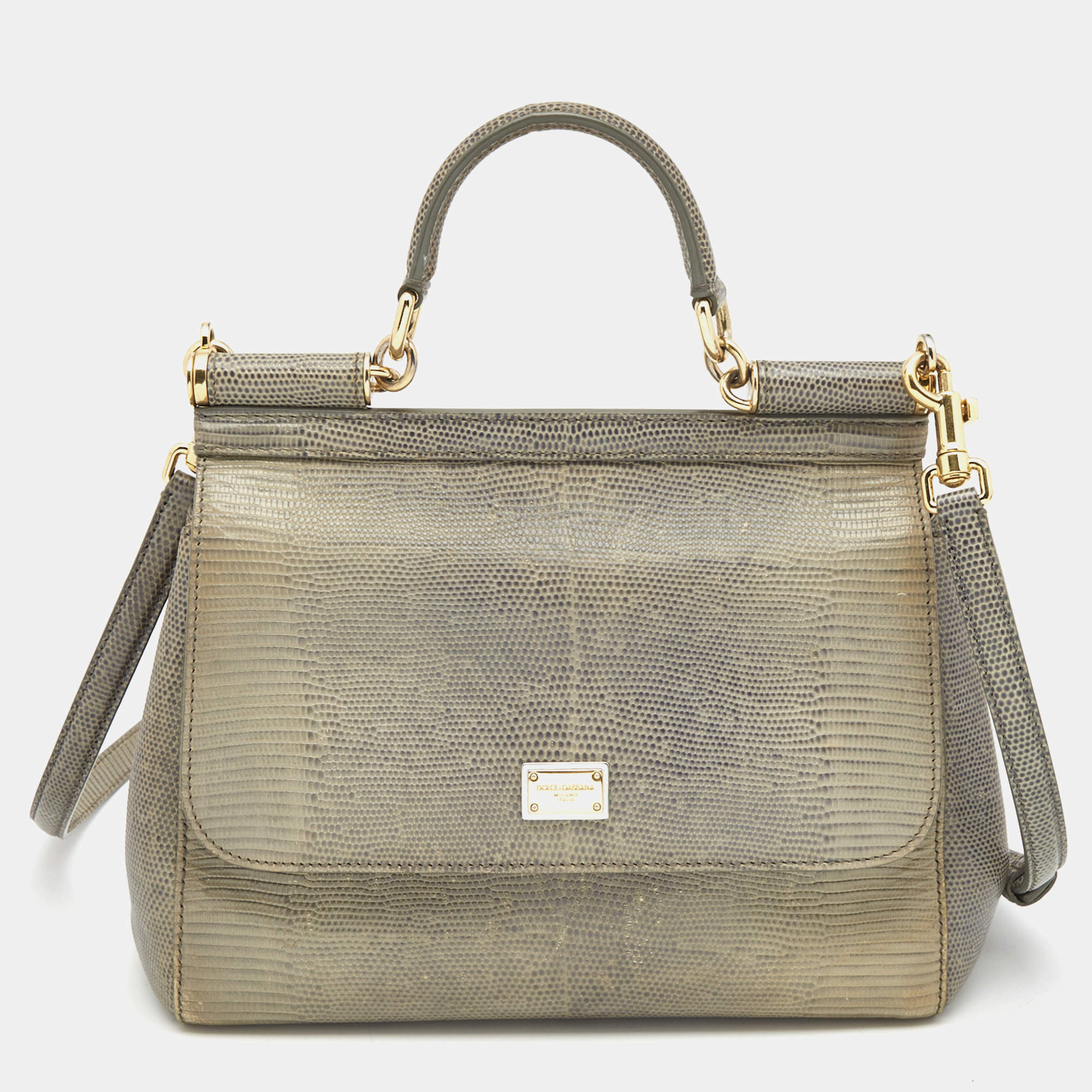 Pre Owned Dolce & Gabbana Grey Lizard Embossed Leather Medium Miss Sicily Top Handle Bag