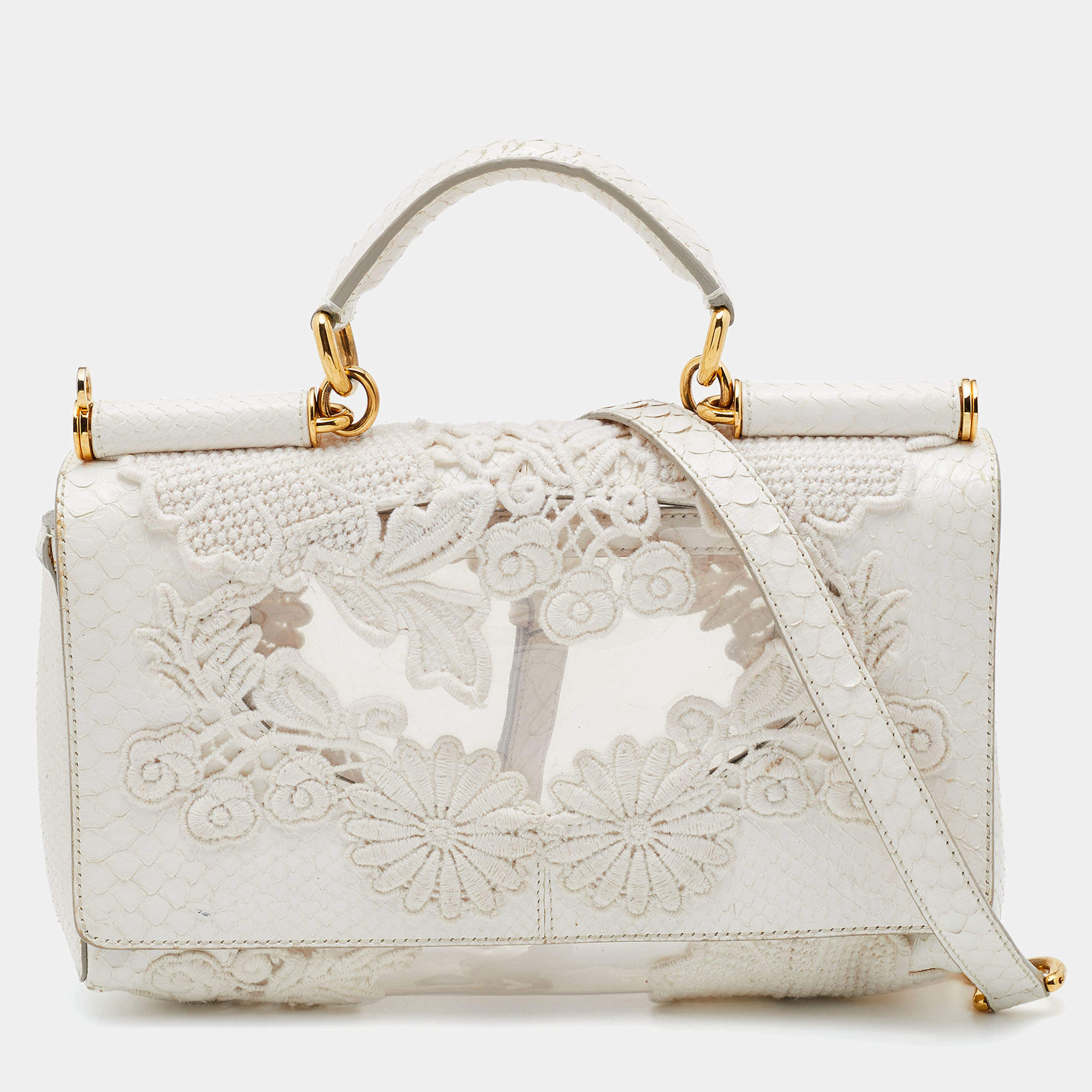 مملوكة مسبقًا Dolce & Gabbana White PVC, Lace and Python Miss Sicily Top Handle Bag