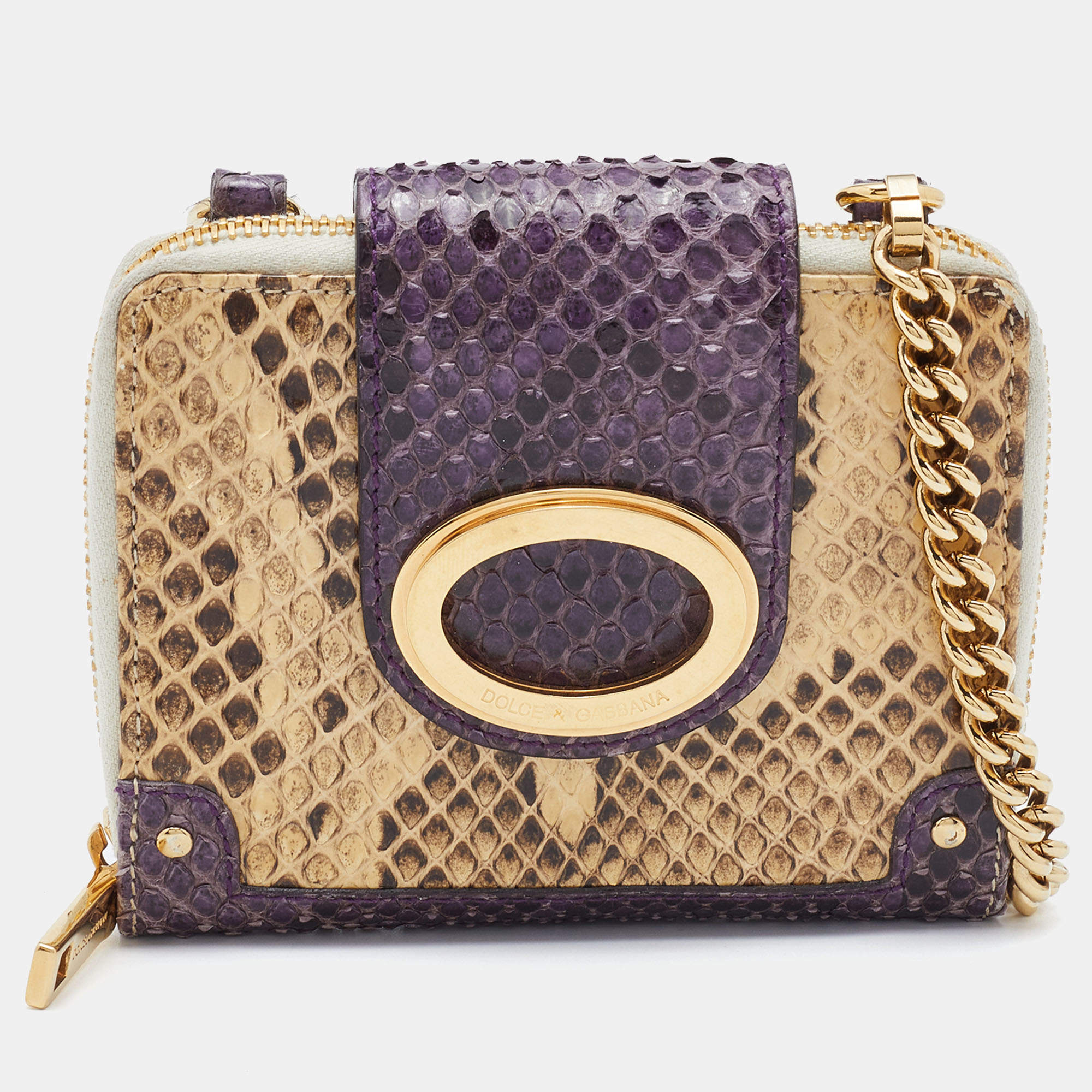 Pre Owned Dolce & Gabbana Beige/Purple Python Chain Coin Purse