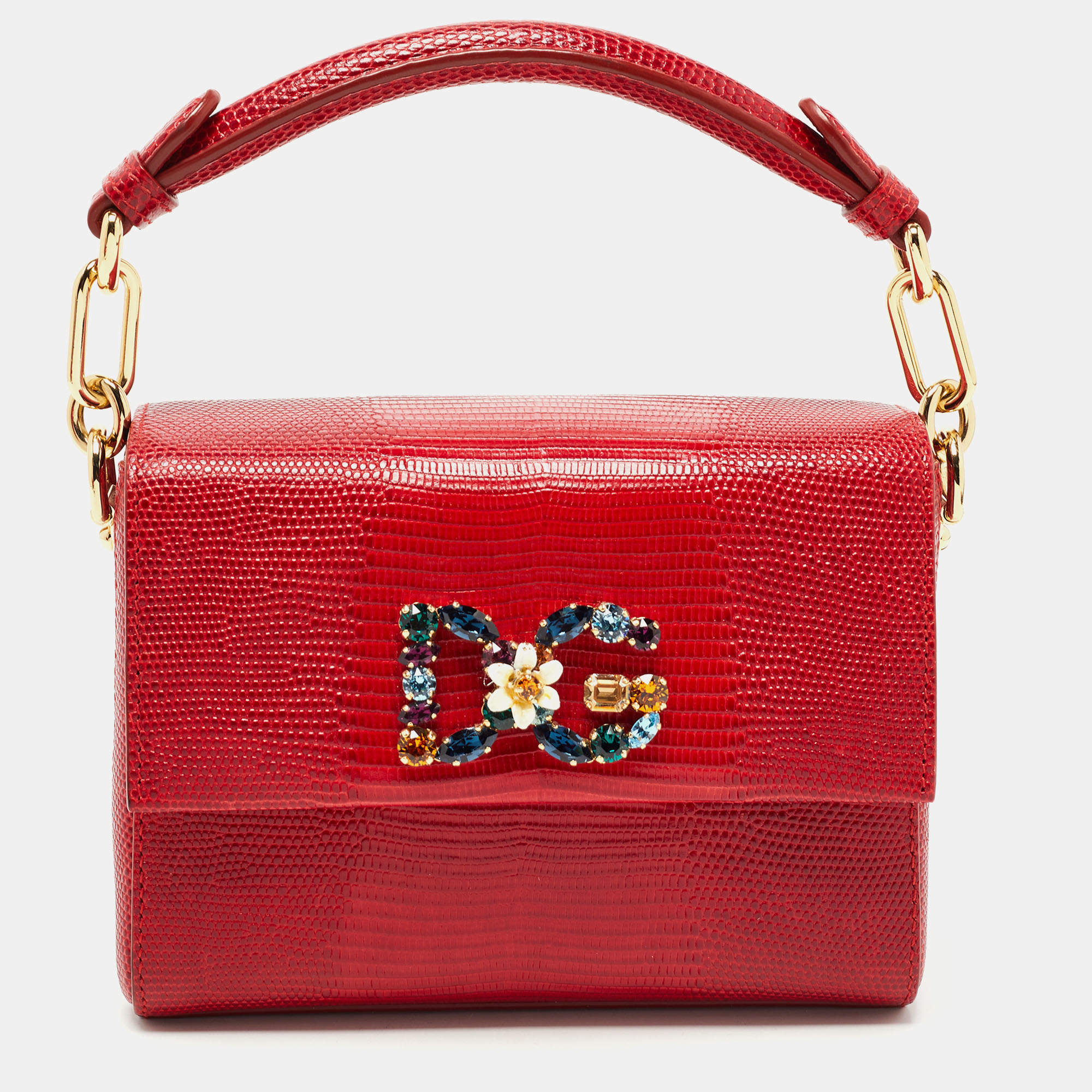 Dolce & Gabbana Red Lizard Embossed Leather DG Millennials Top Handle Bag