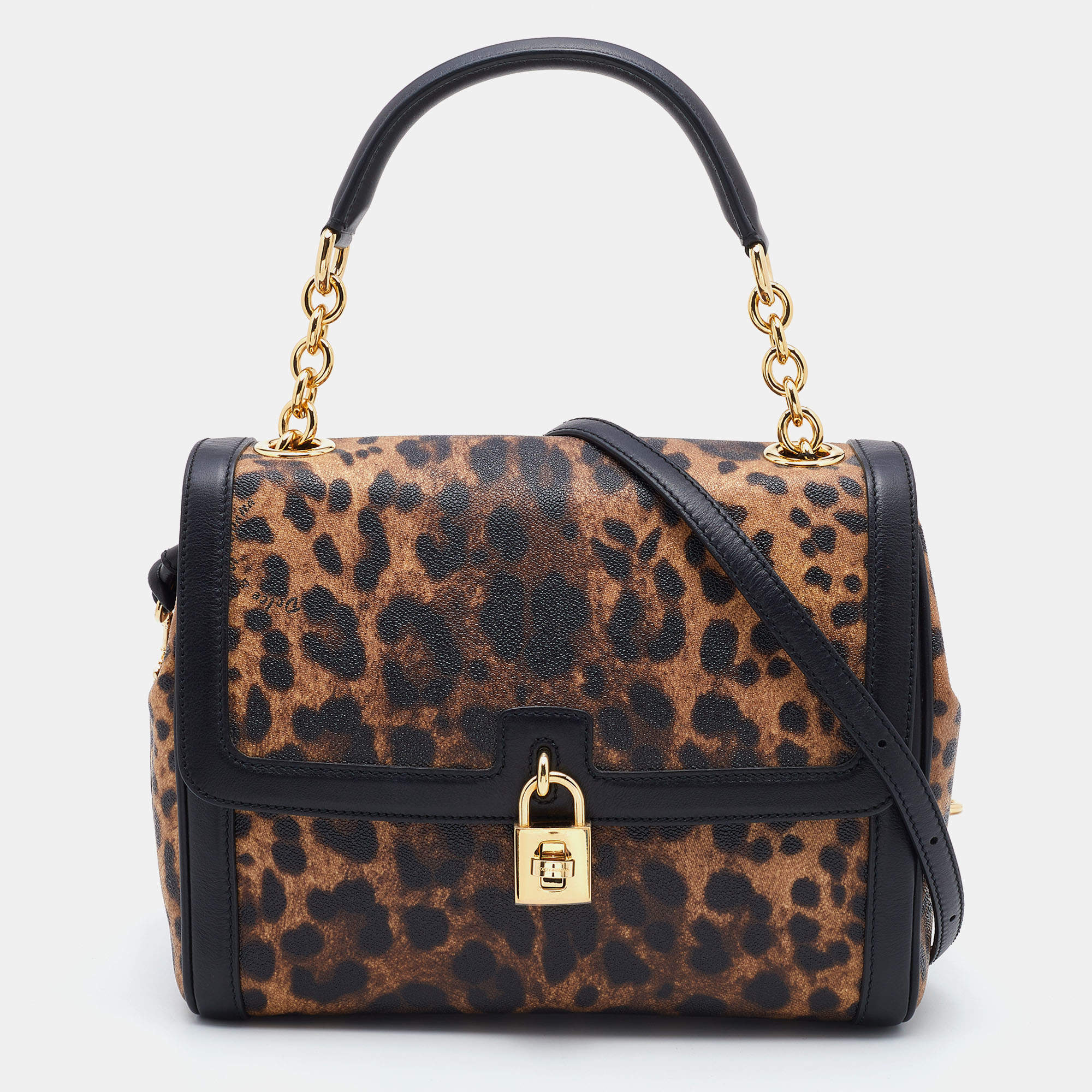 Pre Owned Dolce & Gabbana Black/Brown Leopard Print Coated Canvas and Leather Padlock Top Handle Bag