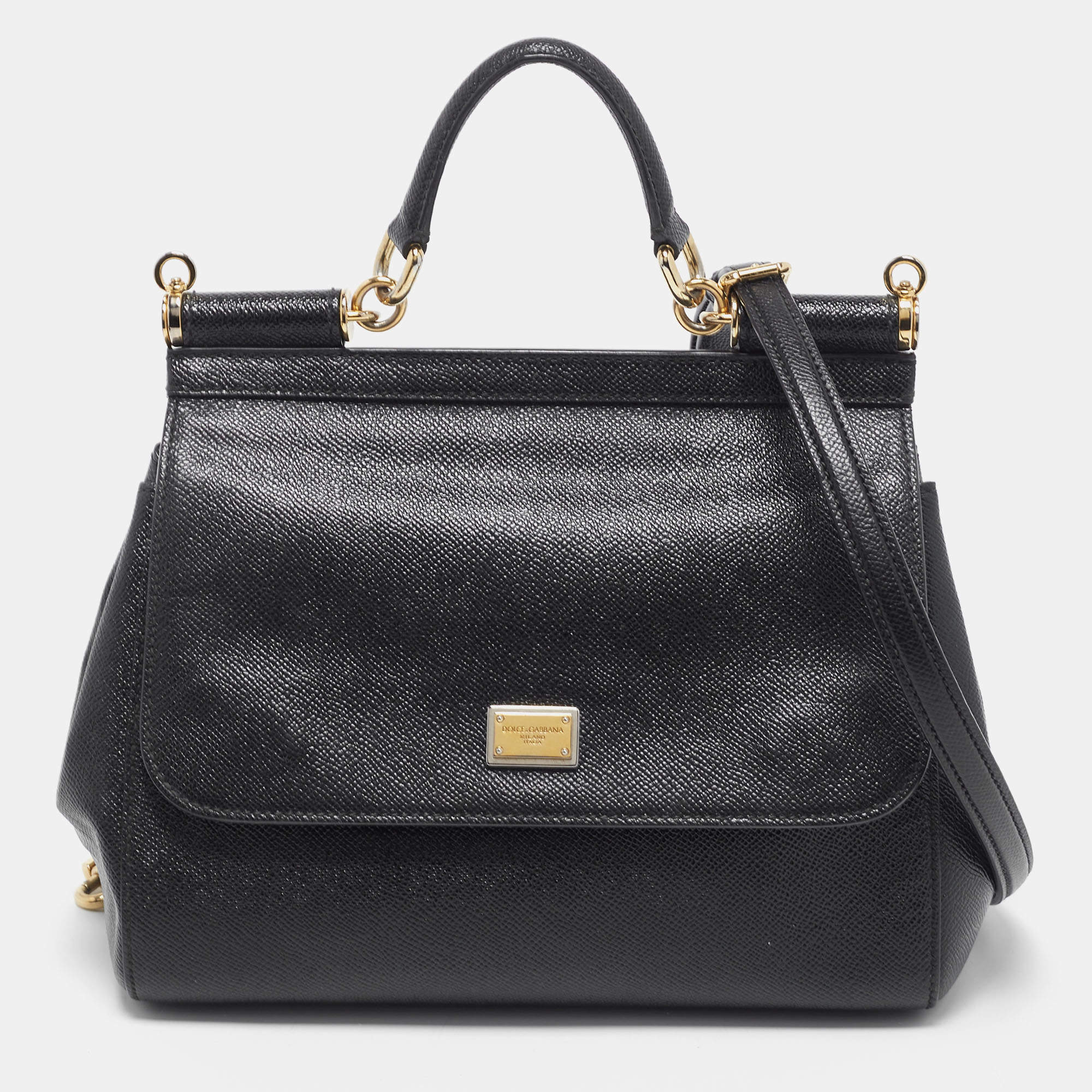 Pre Owned Dolce & Gabbana Black Leather Medium Miss Sicily Top Handle Bag