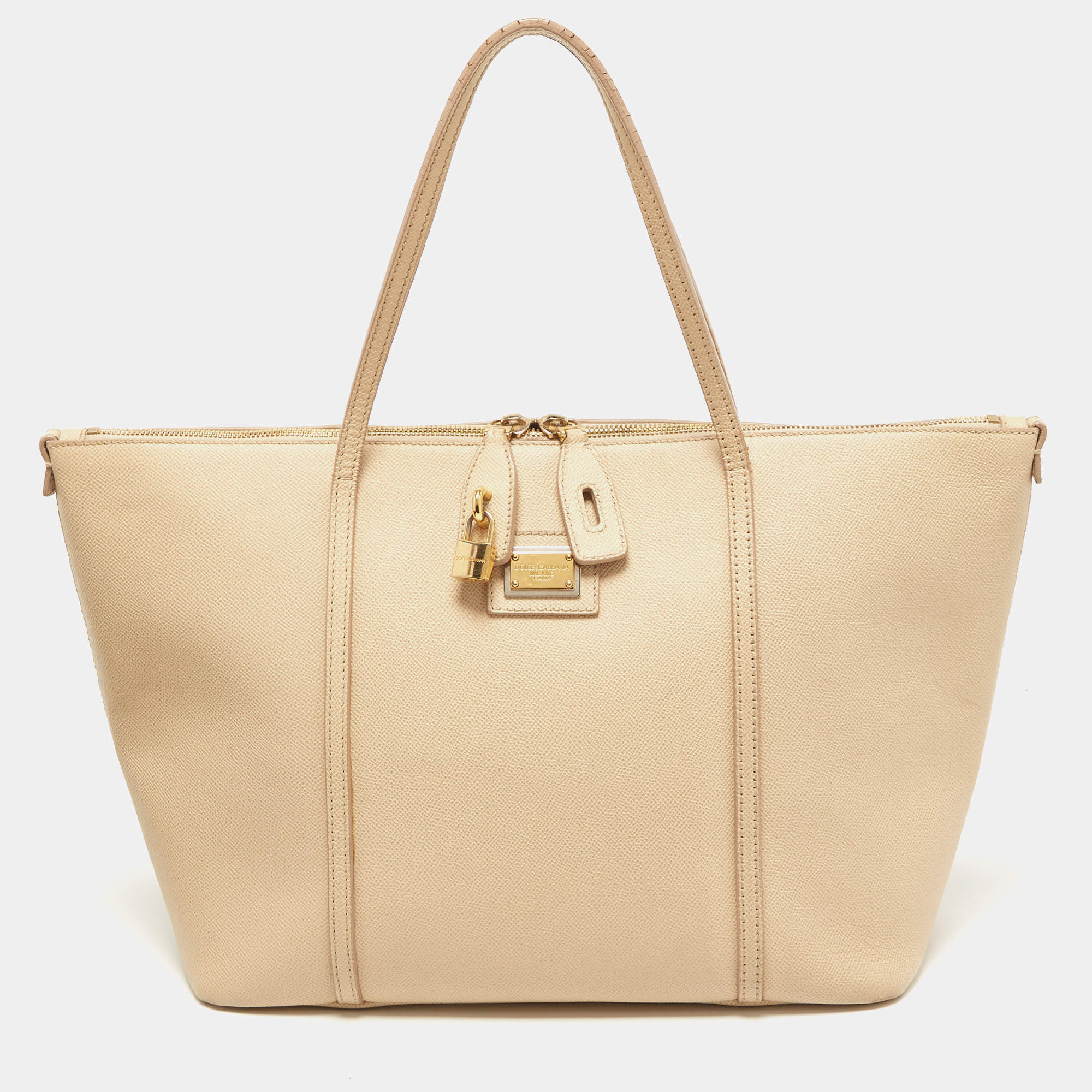 Pre Owned Dolce & Gabbana Beige Leather Miss Escape Zip Tote