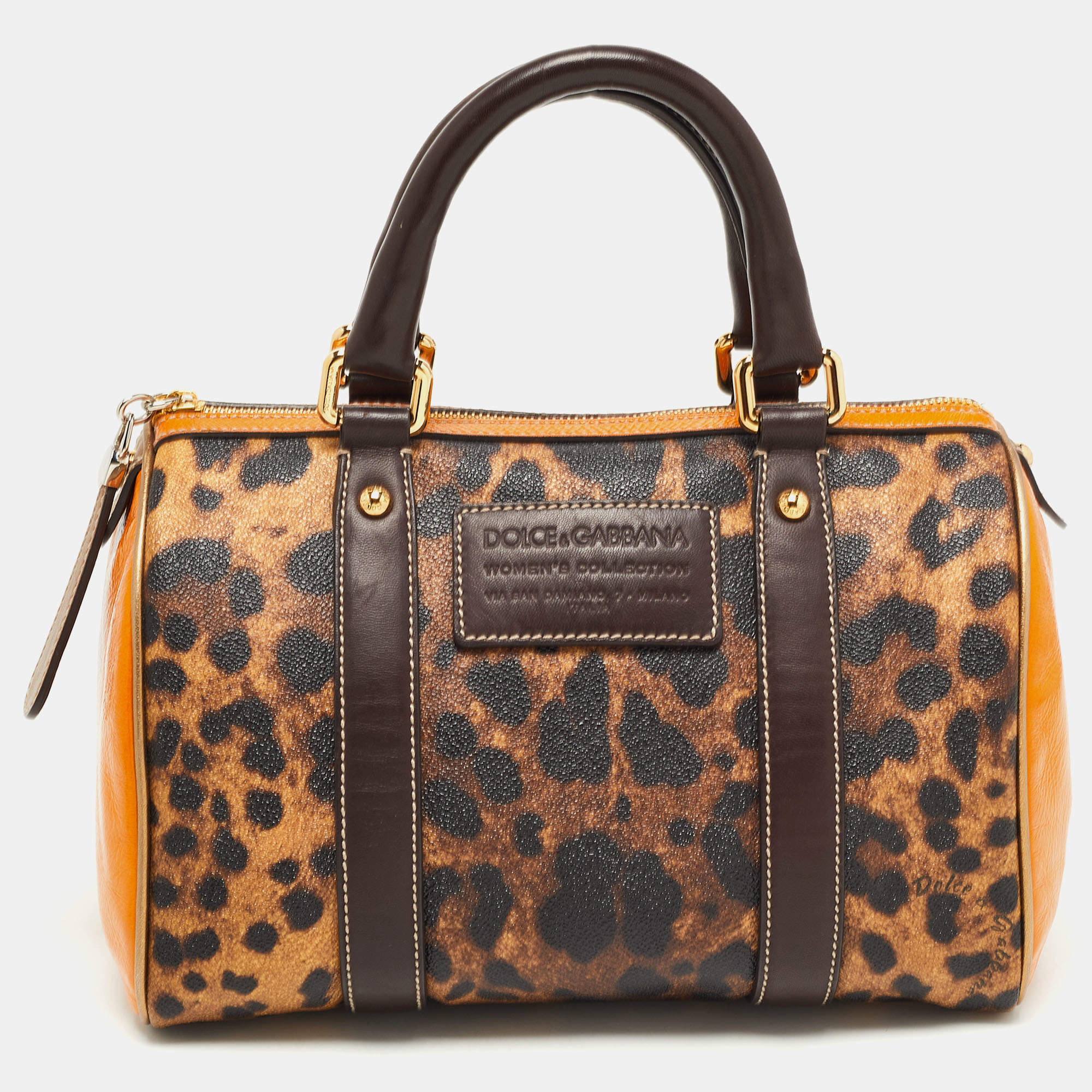 Pre Owned Dolce & Gabbana Brown/Yellow Leopard Print Coated Canvas and Leather Miss Escape Satchel
