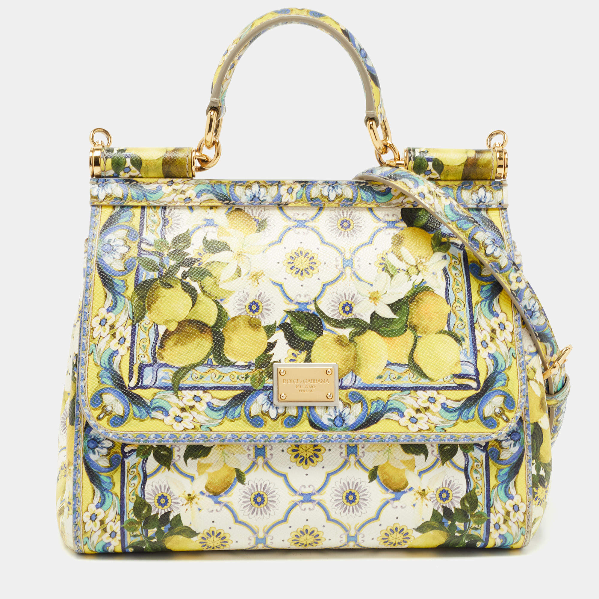 Pre Owned Dolce & Gabbana Multicolor Lemon Print Leather Medium Miss Sicily Top Handle Bag