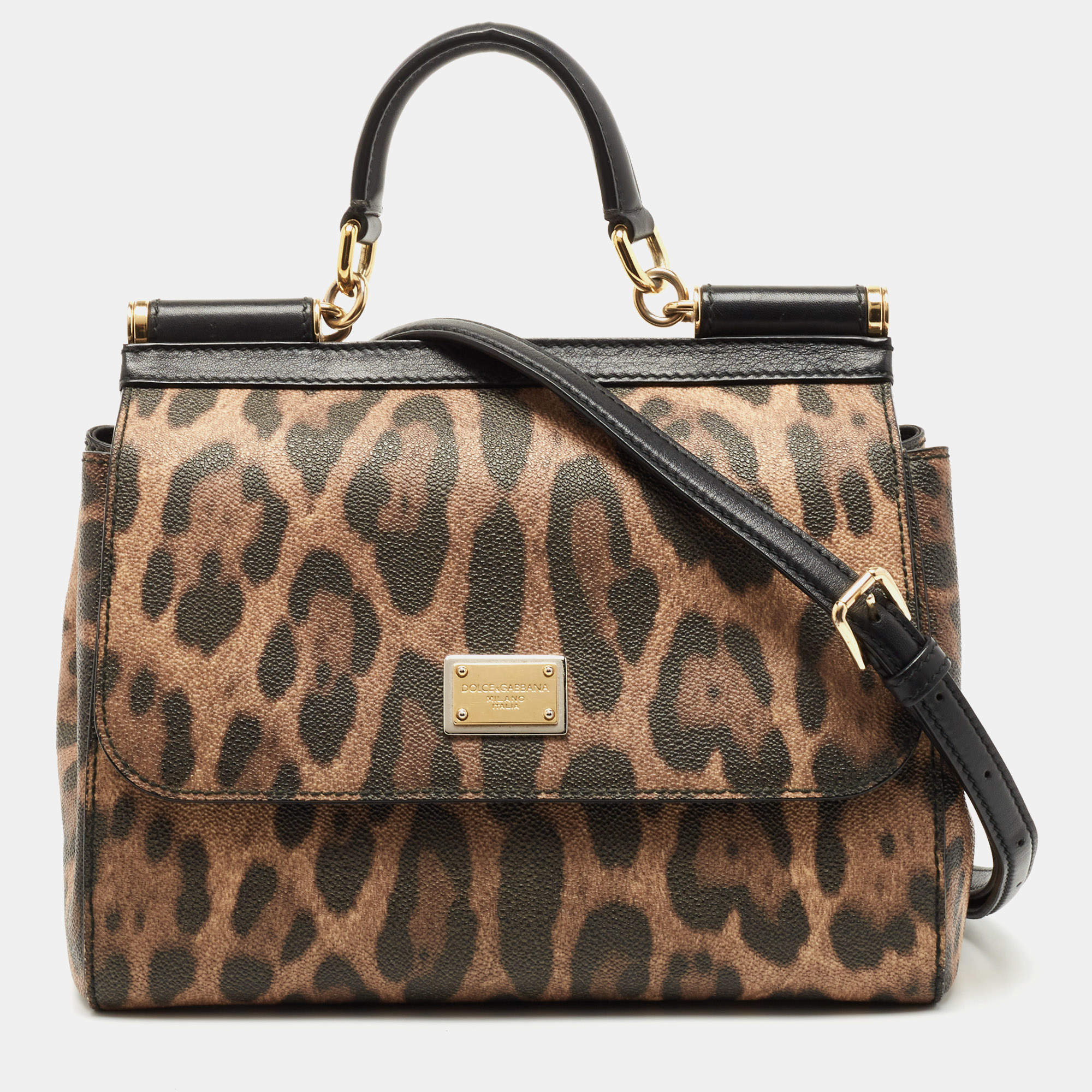 Pre Owned Dolce & Gabbana Black/Brown Leopard Print Coated Canvas and Leather Medium Miss Sicily Top Handle Bag