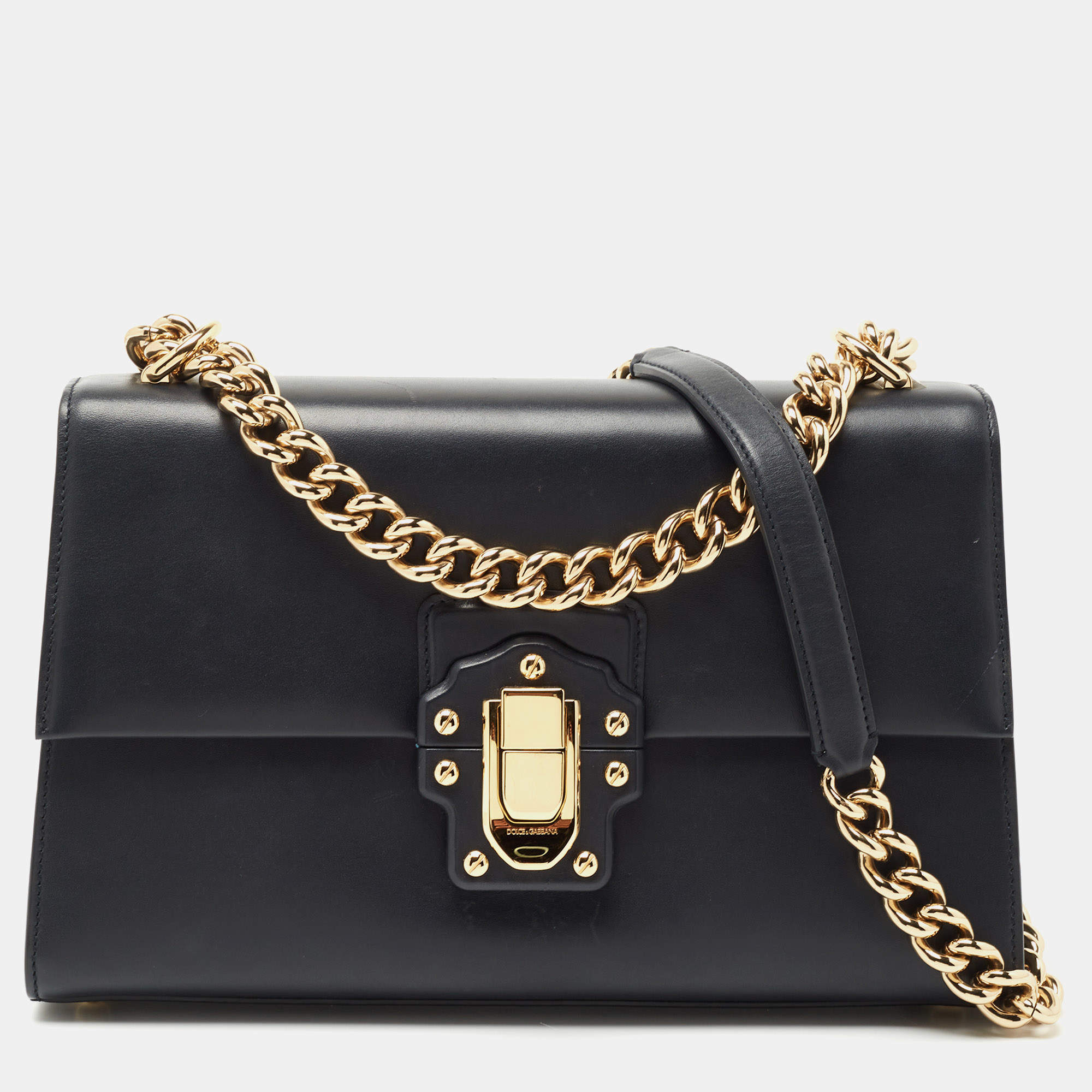 Dolce & Gabbana Navy Blue Leather Large Lucia Shoulder Bag