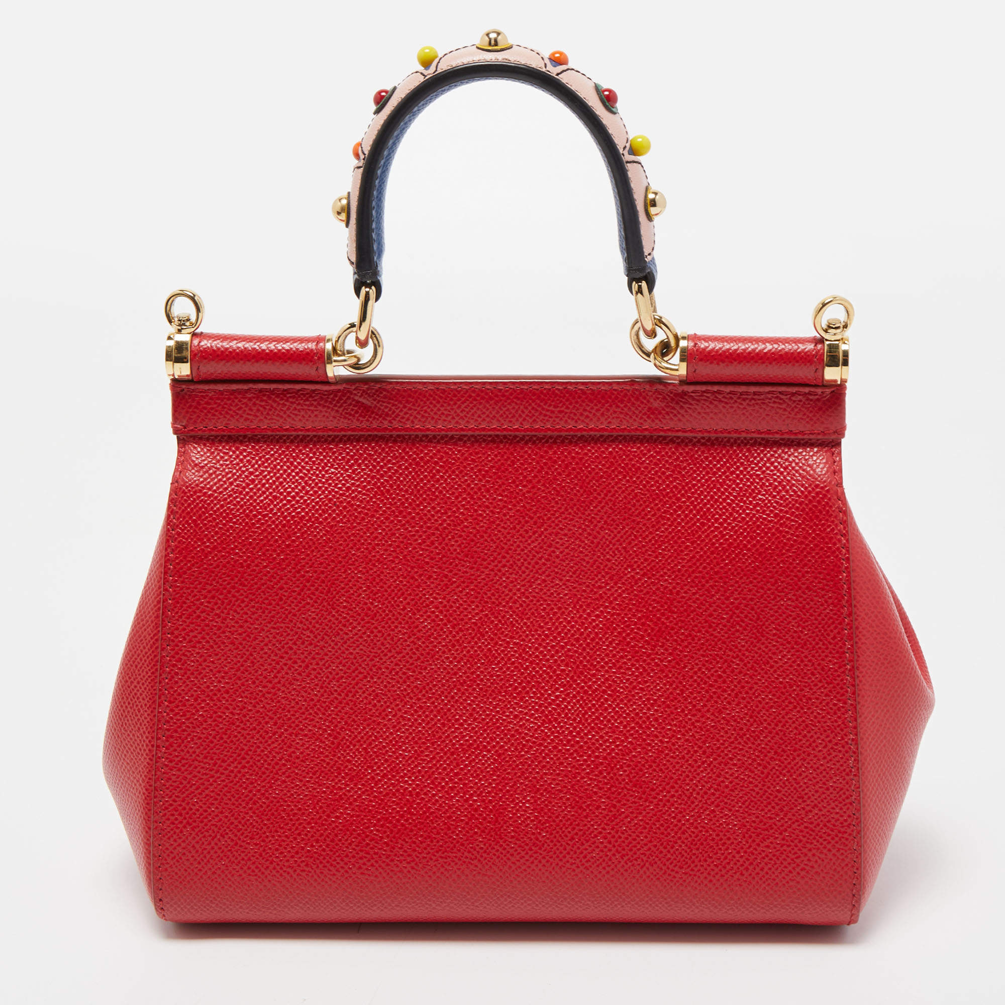 Dolce & Gabbana Red Leather Small Miss Sicily Studded Top Handle