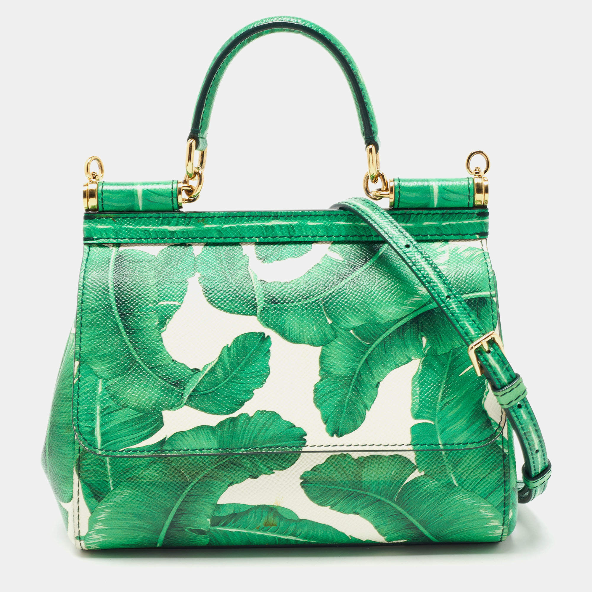 Pre Owned Dolce & Gabbana Green Banana Leaf Print Leather Small Miss Sicily Top Handle Bag