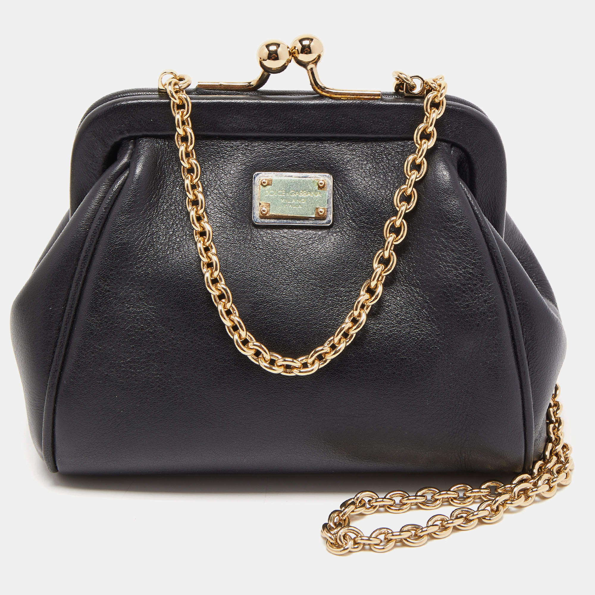 Pre Owned Dolce & Gabana Black Leather Kiss Lock Frame Chain Clutch