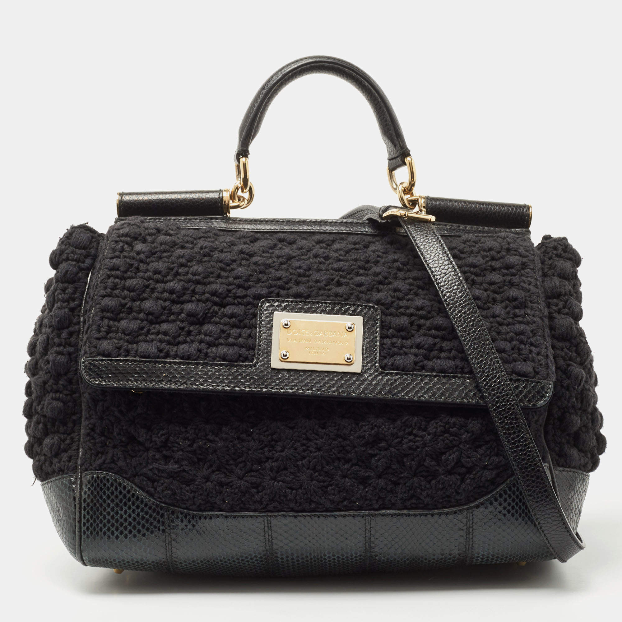 Pre Owned Dolce & Gabbana Black Crochet Fabric and Watersnake Large Miss Sicily Top Handle Bag