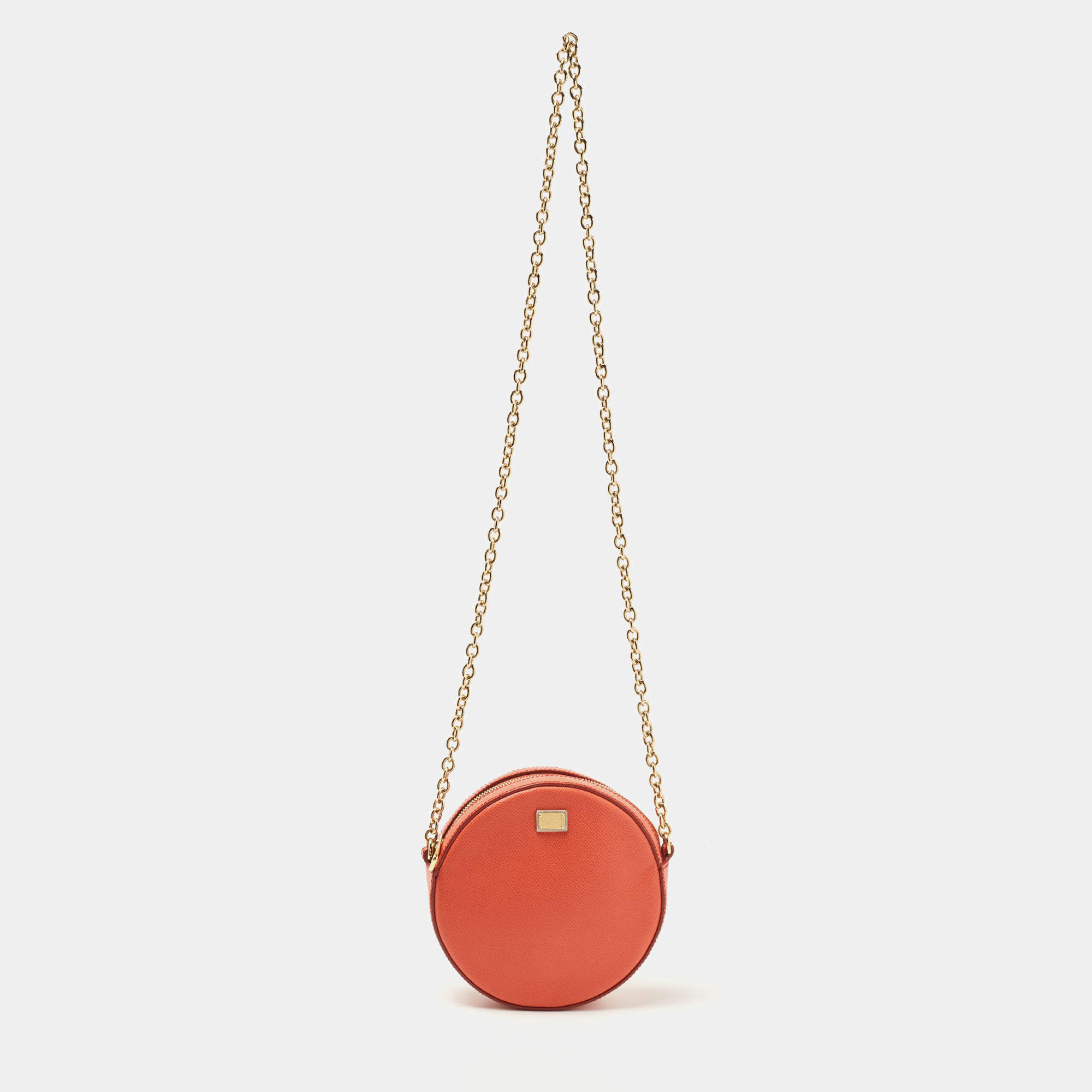 Pre Owned Dolce & Gabbana Orange Leather Glam Round Crossbody Bag