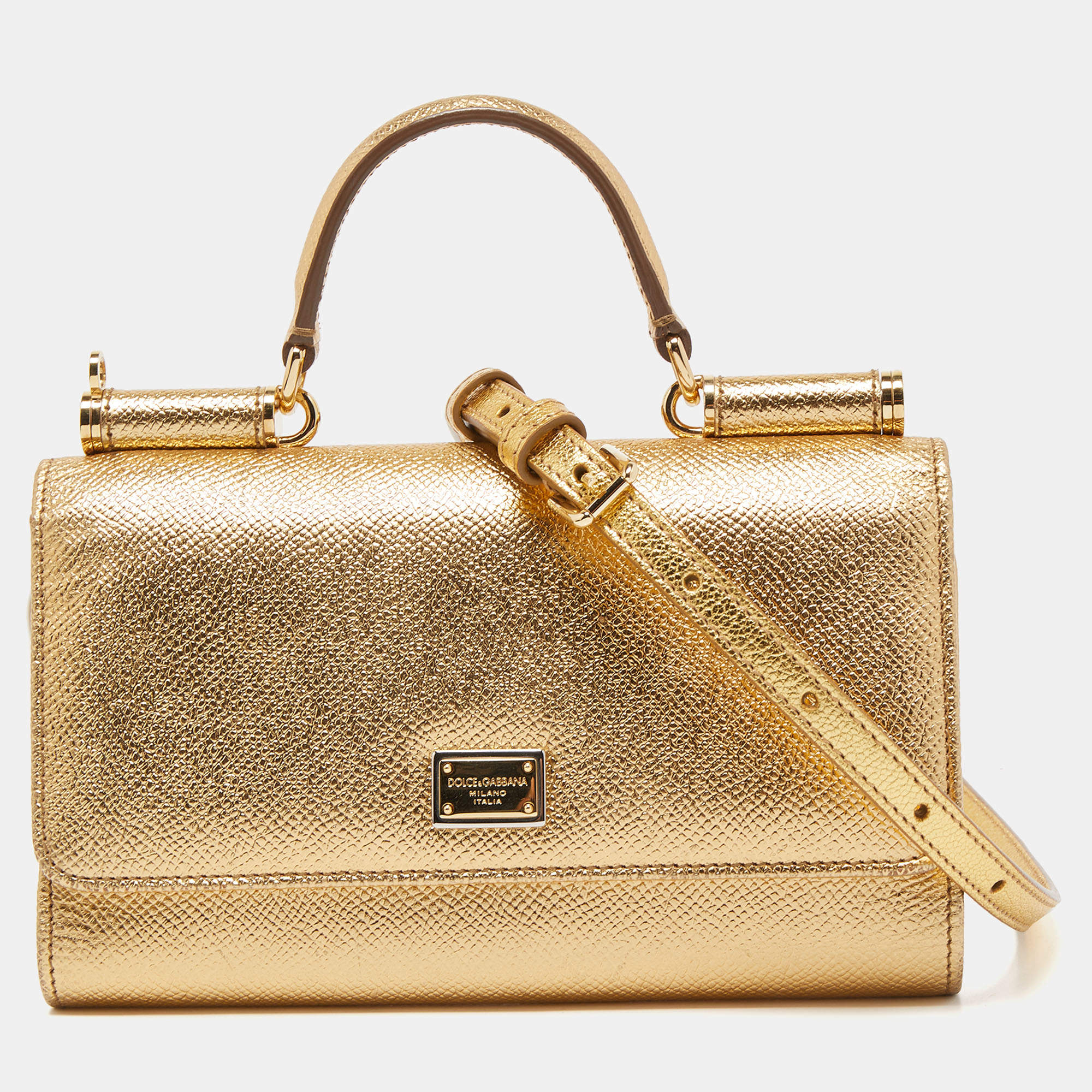 Pre Owned Dolce & Gabbana Gold Leather Miss Sicily Von Wallet on Chain