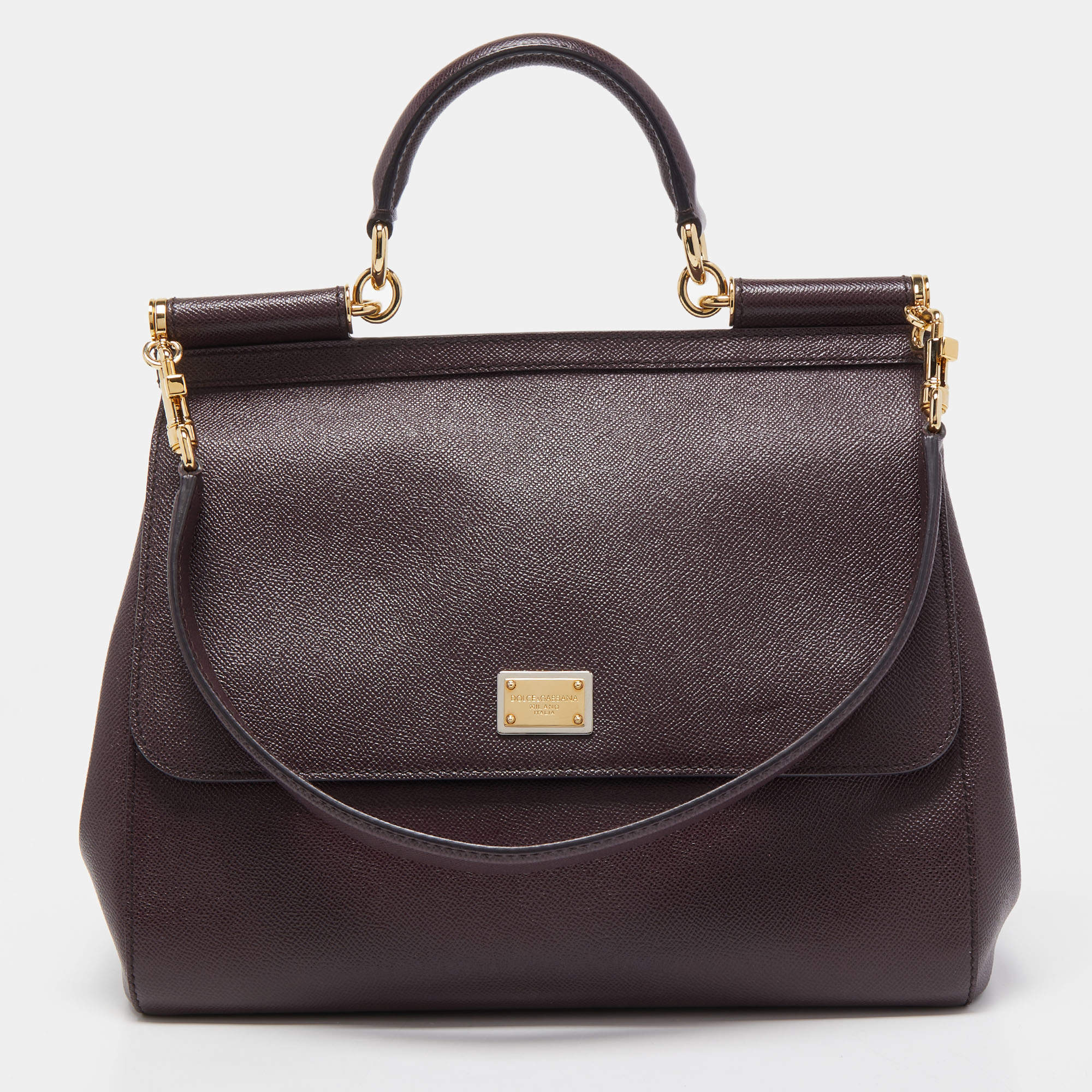 Pre Owned Dolce & Gabbana Burgundy Leather Large Miss Sicily Top Handle Bag