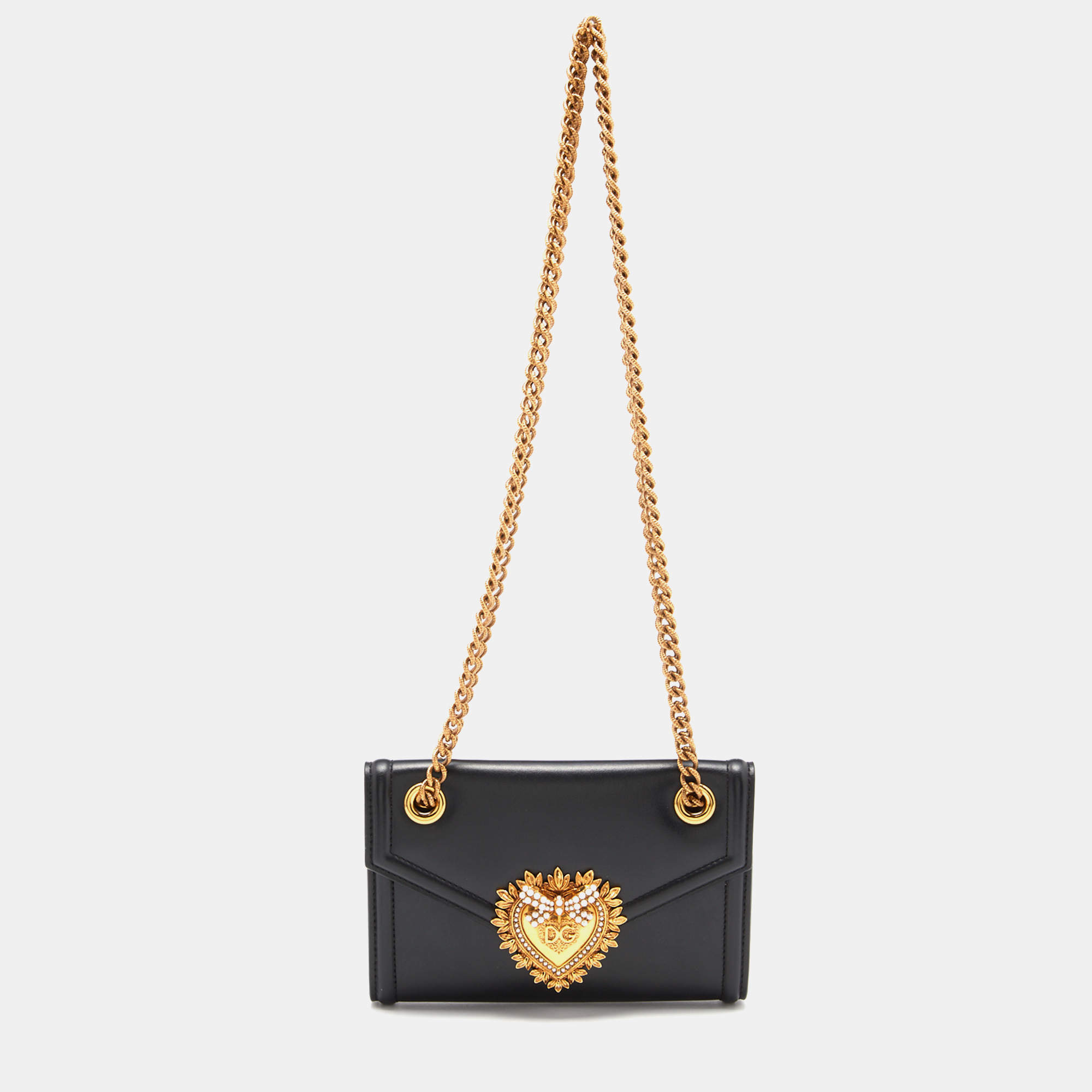 Pre Owned Dolce & Gabbana Black Leather Devotion Wallet on Chain