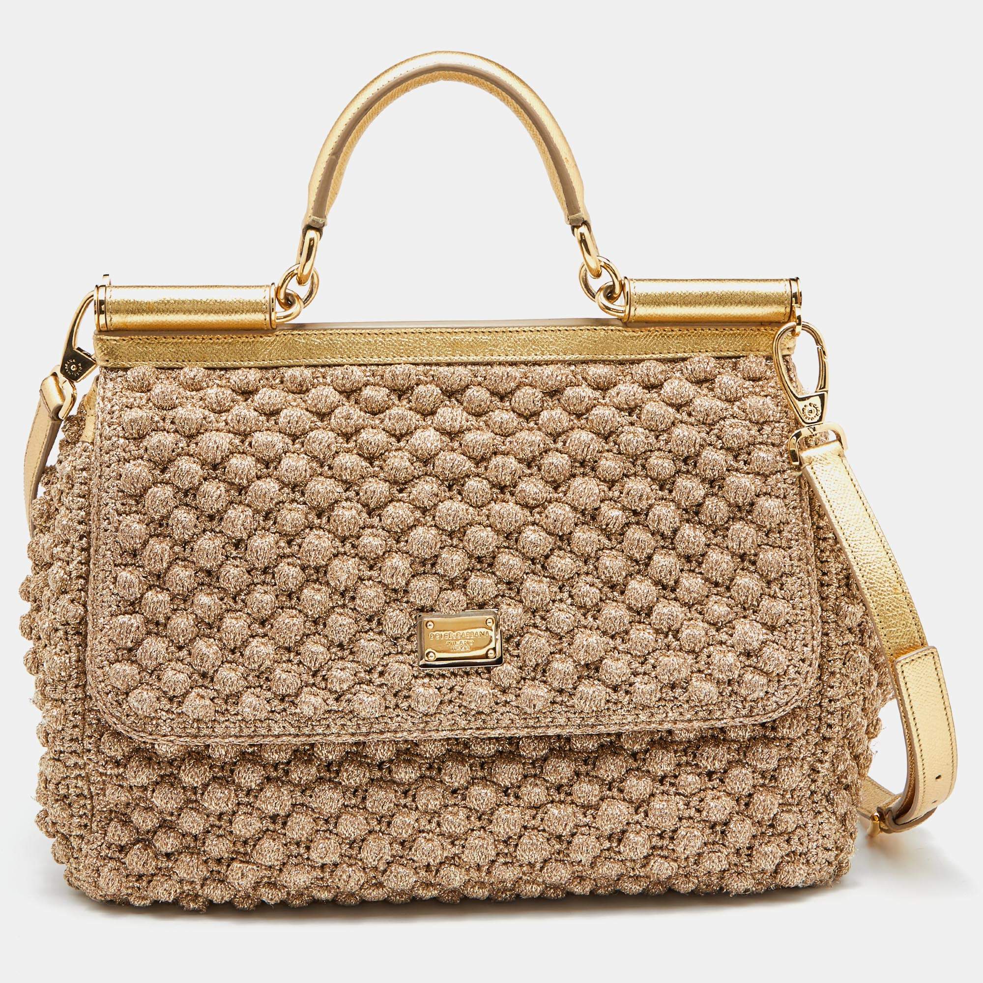 Pre Owned Dolce & Gabbana Gold Crochet Lurex Fabric and Leather Large Miss Sicily Top Handle Bag
