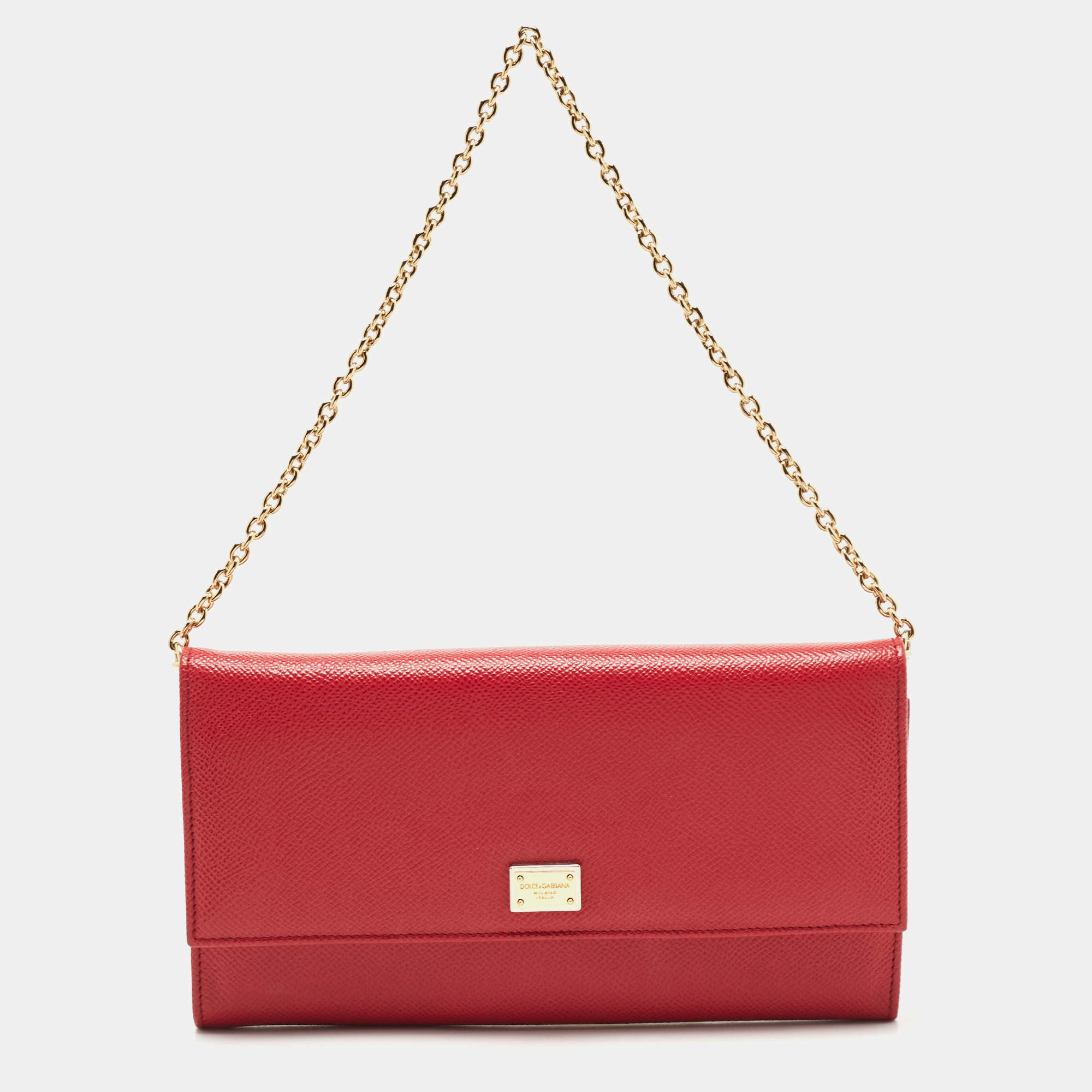 Pre Owned Dolce & Gabbana Red Leather Wallet On Chain