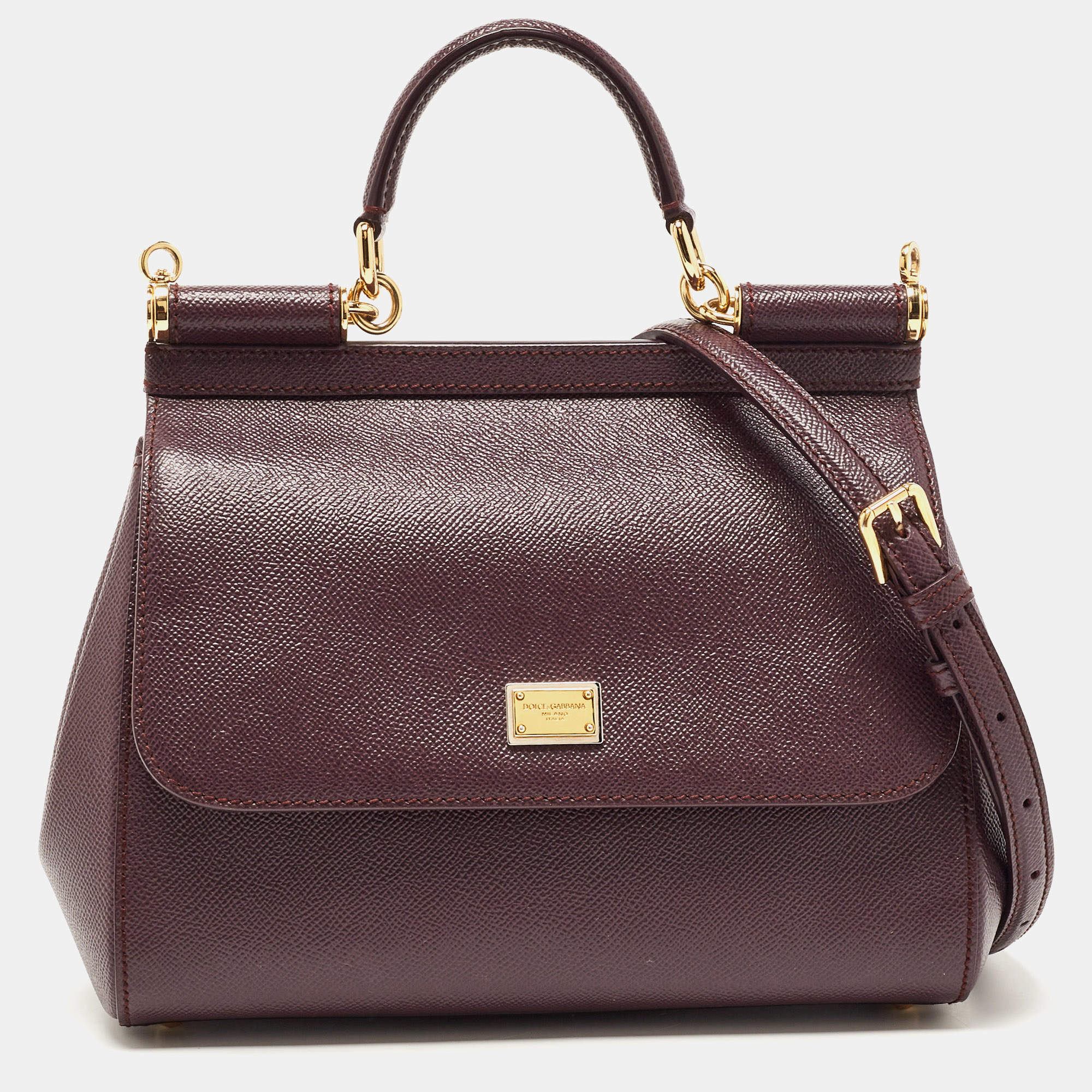 Pre Owned Dolce & Gabbana Burgundy Leather Medium Miss Sicily Top Handle Bag