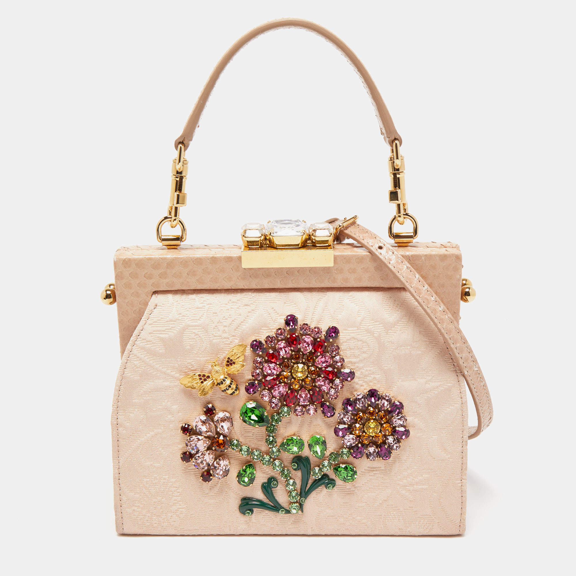 Pre Owned Dolce & Gabbana Beige Brocade Fabric and Watersnake Crystals Frame Top Handle Bag