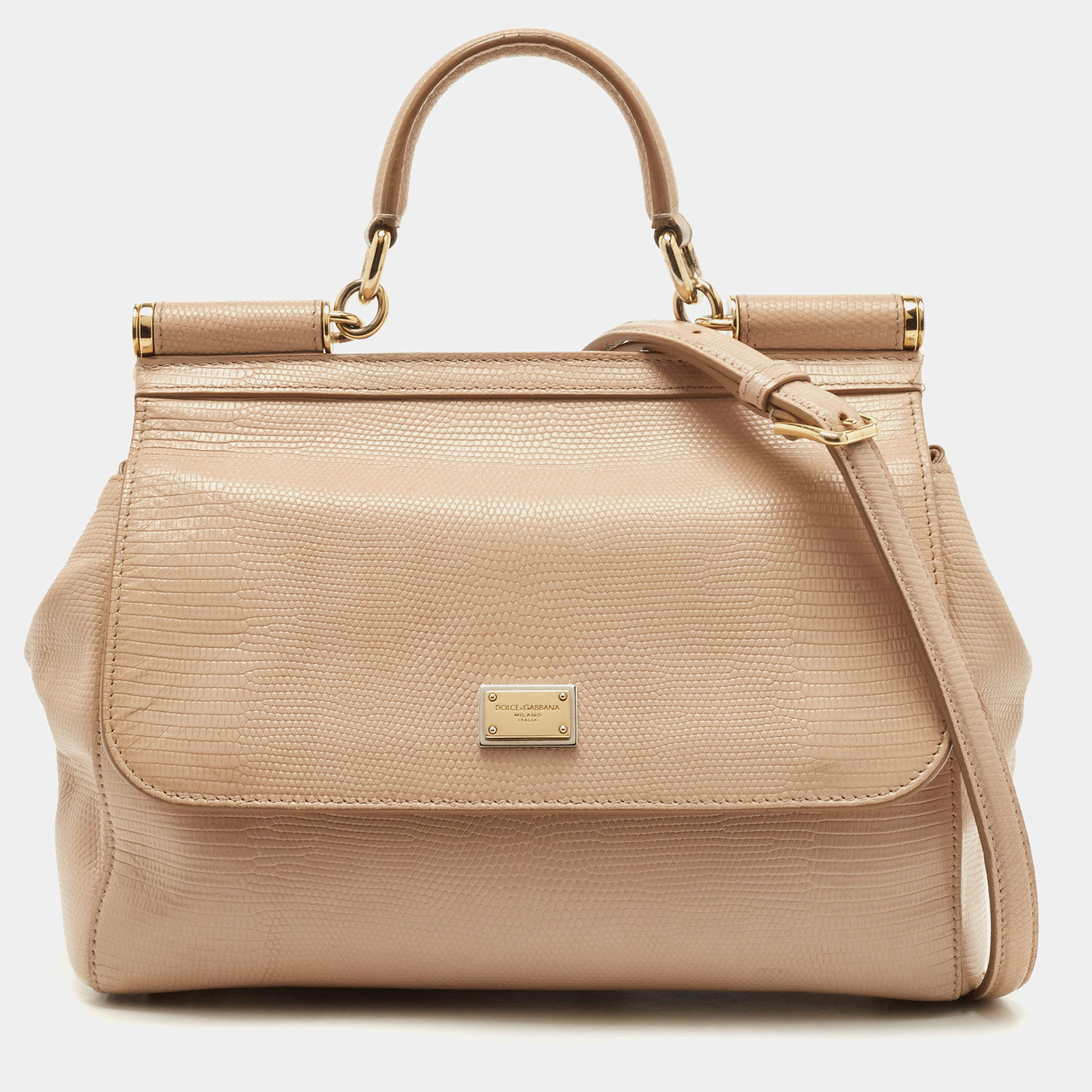 Pre Owned Dolce & Gabbana Beige Lizard Embossed Leather Medium Miss Sicily Top Handle Bag