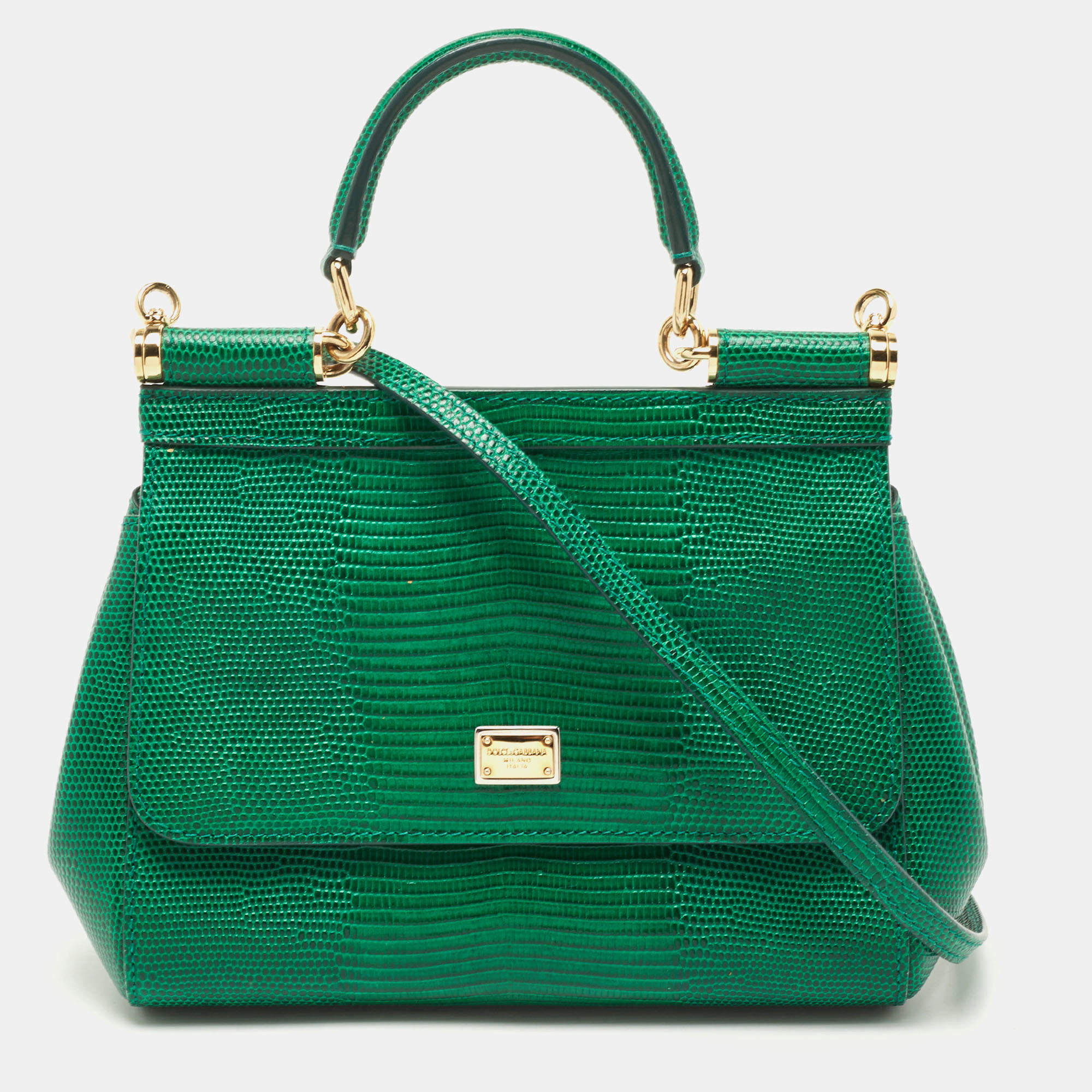Pre Owned Dolce and Gabbana Green Lizard Embossed Leather Small Miss Sicily Top Handle Bag