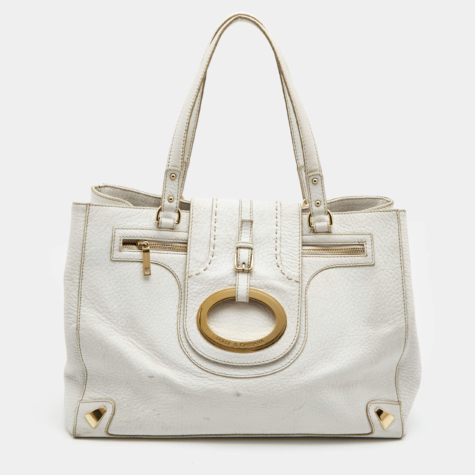 Pre Owned Dolce & Gabbana White Leather Zip Tote