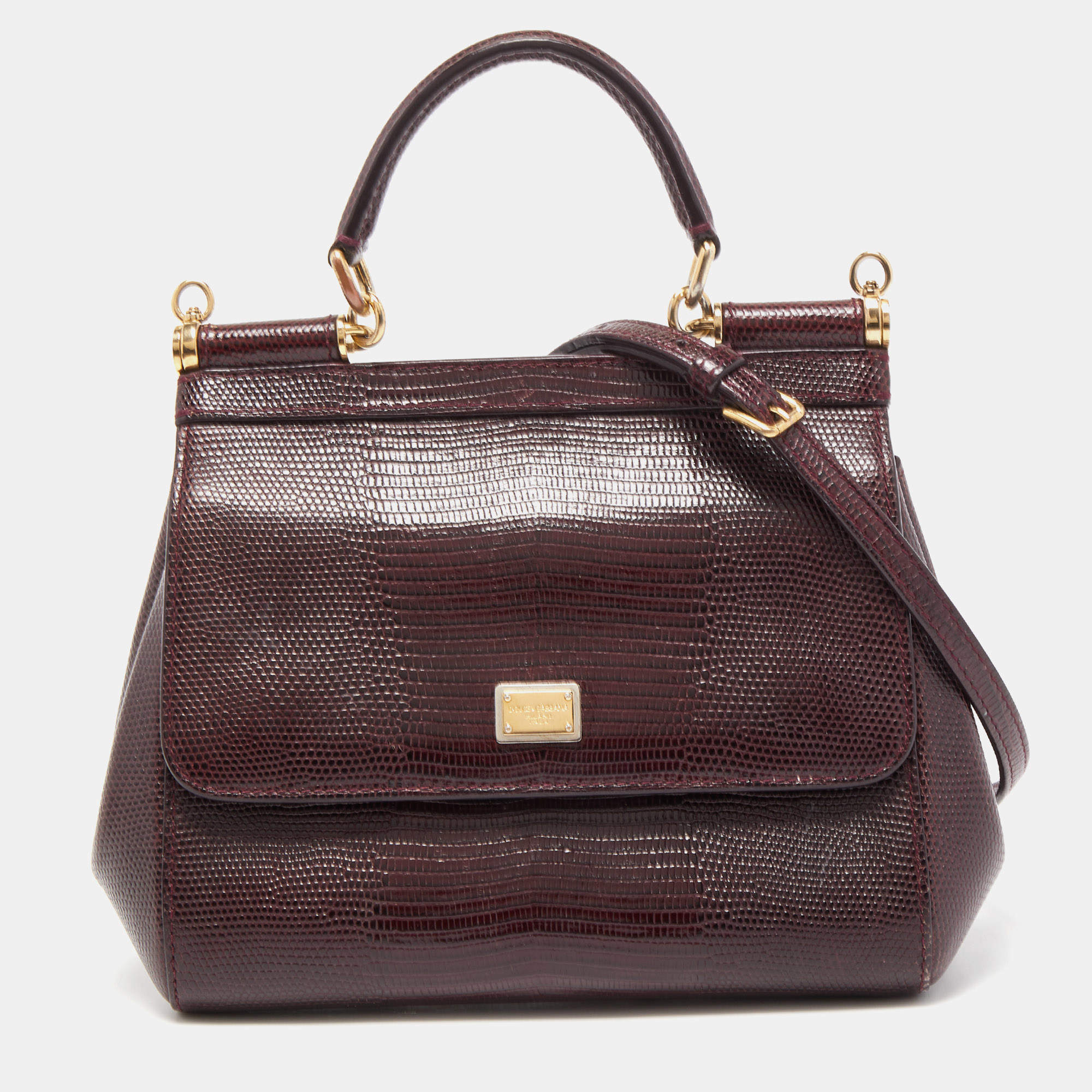 Pre Owned Dolce & Gabbana Burgundy Lizard Embossed Leather Small Miss Sicily Top Handle Bag